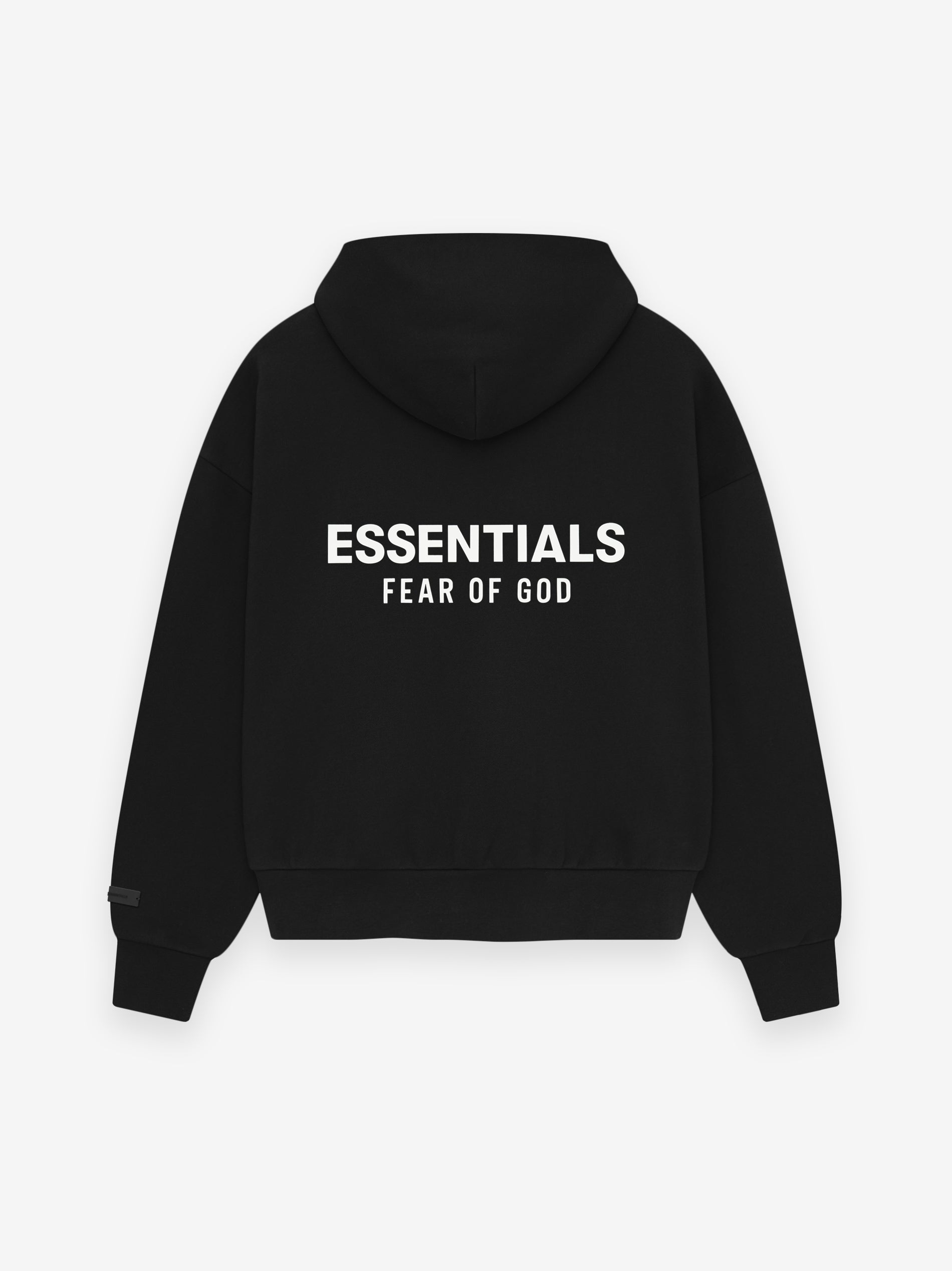 black heavy fleece hoodie with hood and bold white Essentials Fear of God logo printed across back
