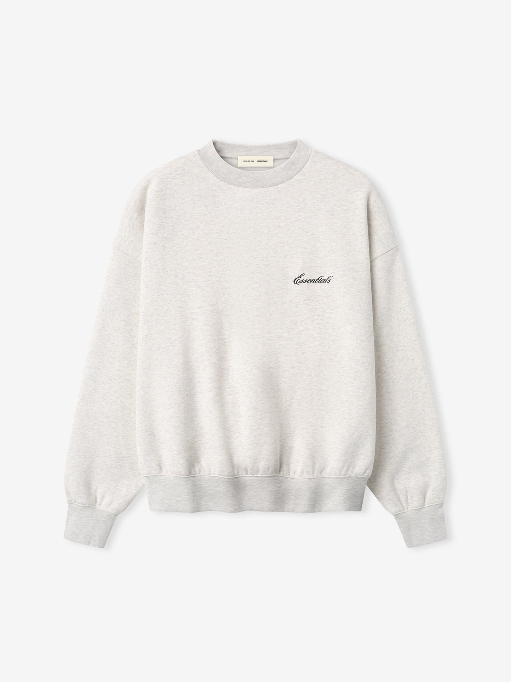 light grey crewneck sweatshirt with rib-knit cuffs and small embroidered Essentials logo on chest