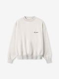 light grey crewneck sweatshirt with rib-knit cuffs and small embroidered Essentials logo on chest