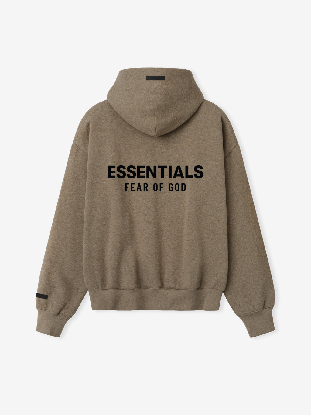 back view of taupe heavyweight fleece hoodie with hood and black Essentials Fear of God logo printed across back