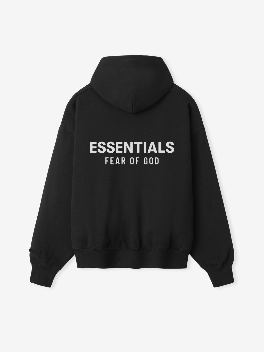 back view of black zip-up hoodie with hood and white Essentials Fear of God logo printed on fabric