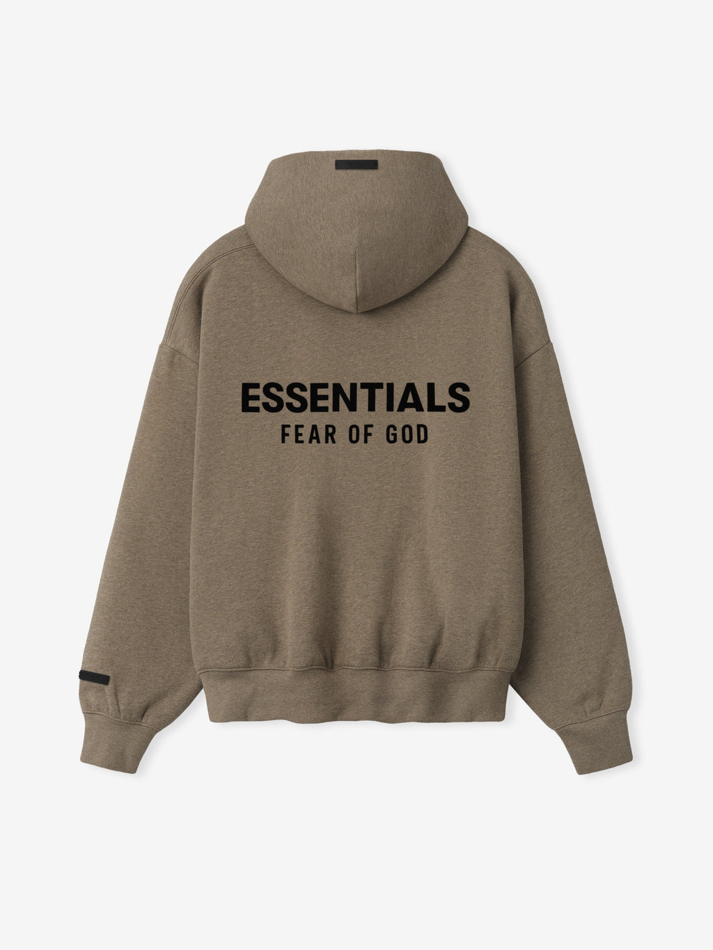 back view of taupe zip-up hoodie with hood and bold black Essentials Fear of God logo printed on fabric