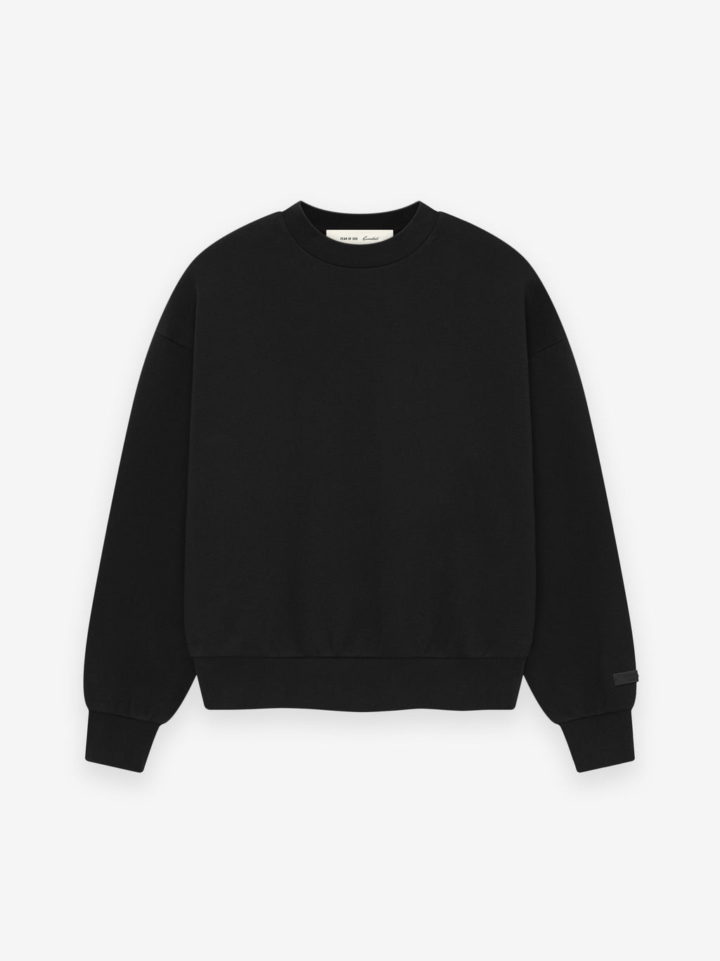 black crewneck sweatshirt in heavy fleece with ribbed cuffs and hem, minimalist design without visible branding on front