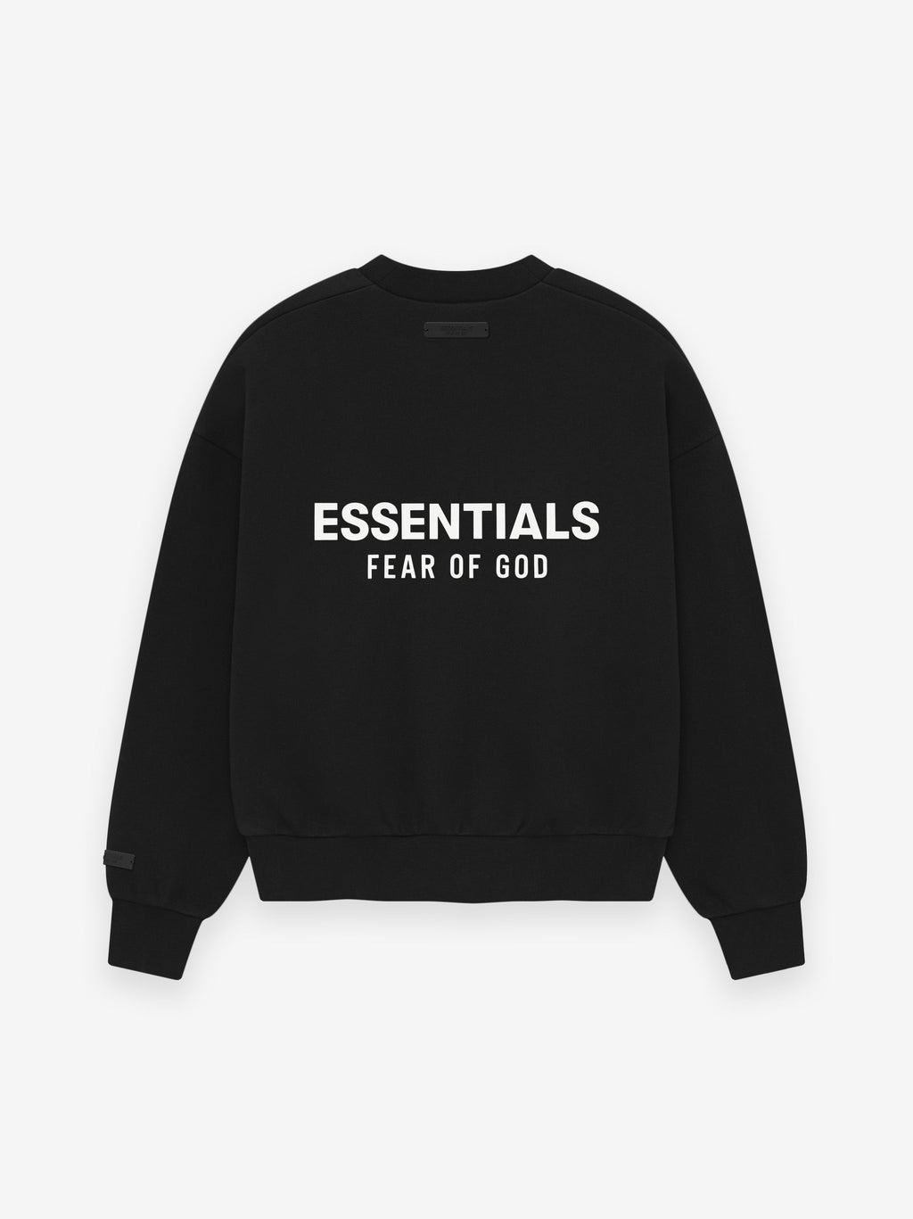 black heavyweight crewneck sweatshirt with ESSENTIALS FEAR OF GOD logo printed across the back panel