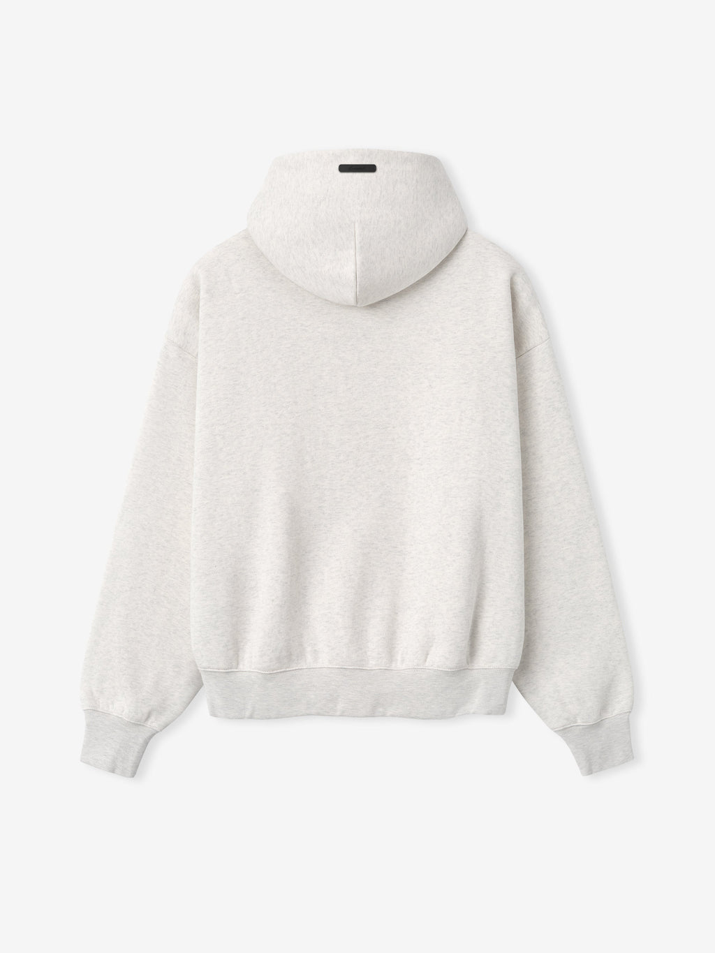 back view of light grey hoodie with hood and ribbed cuffs and hem in relaxed classic fit design