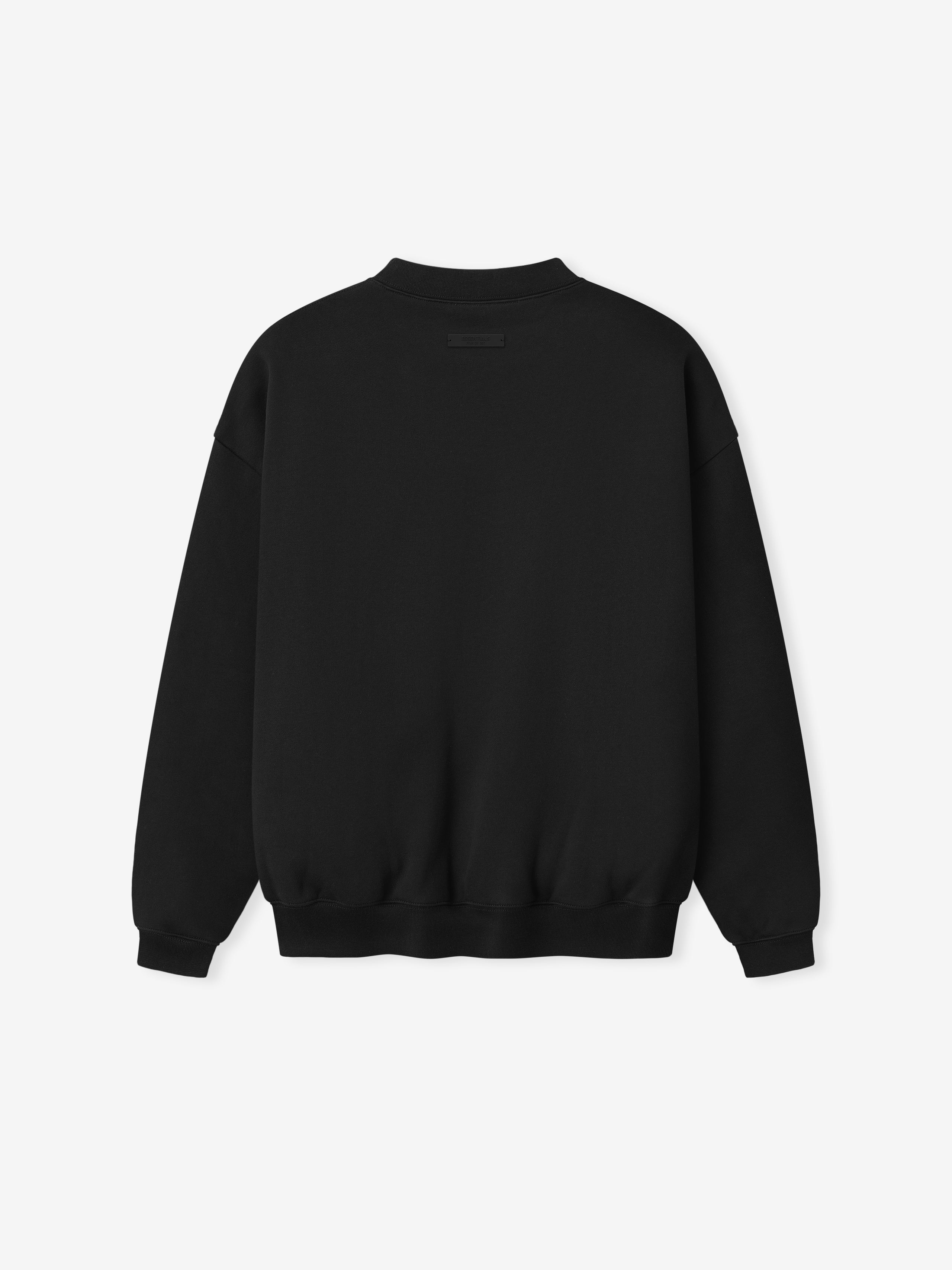 back view of black varsity 90s crewneck sweatshirt with dropped shoulders and ribbed cuffs and hem in relaxed fit