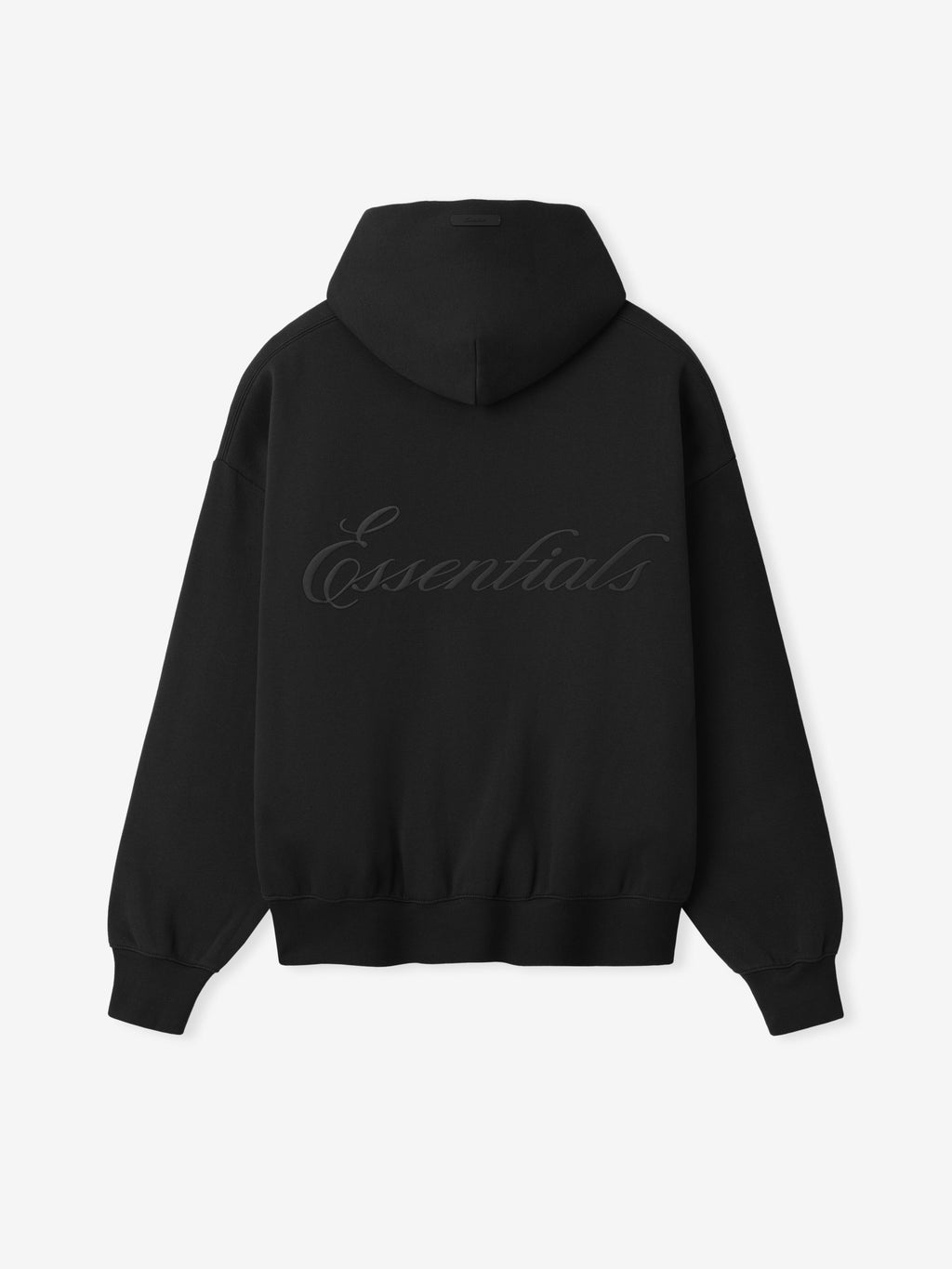 Back view of black hoodie with large cursive "Essentials" logo printed across the back and ribbed cuffs and hem