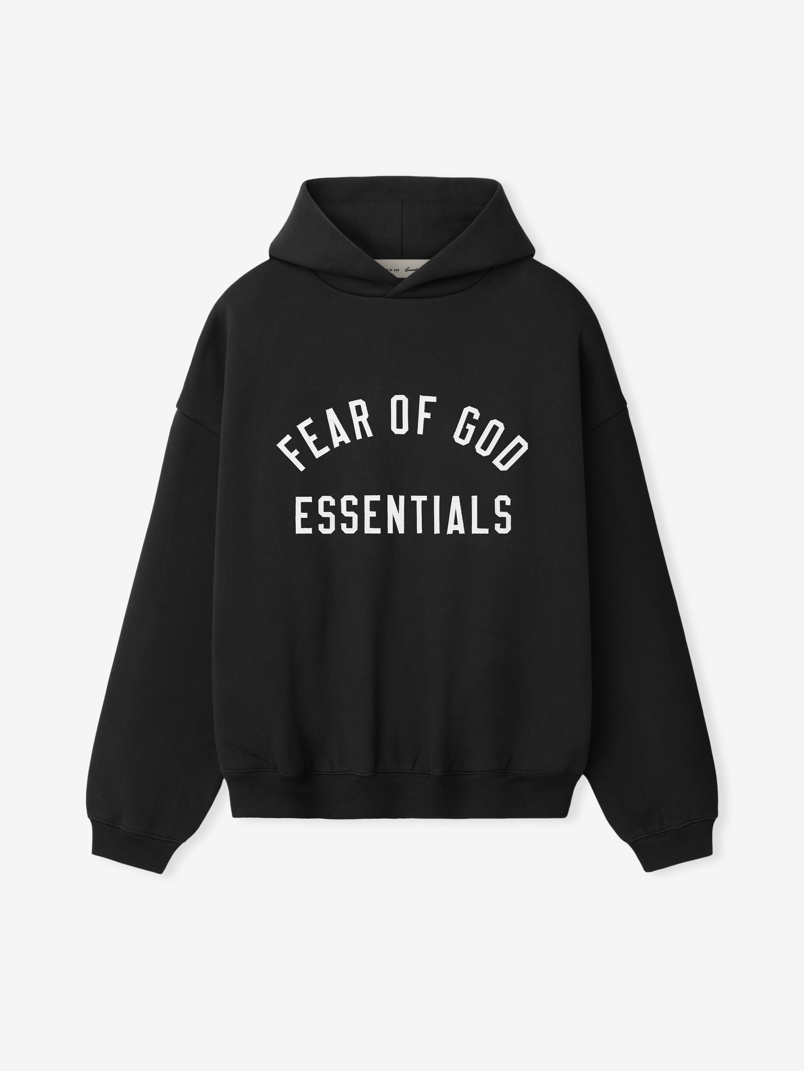 Black hoodie with 'Fear of God Essentials' text on a white background
