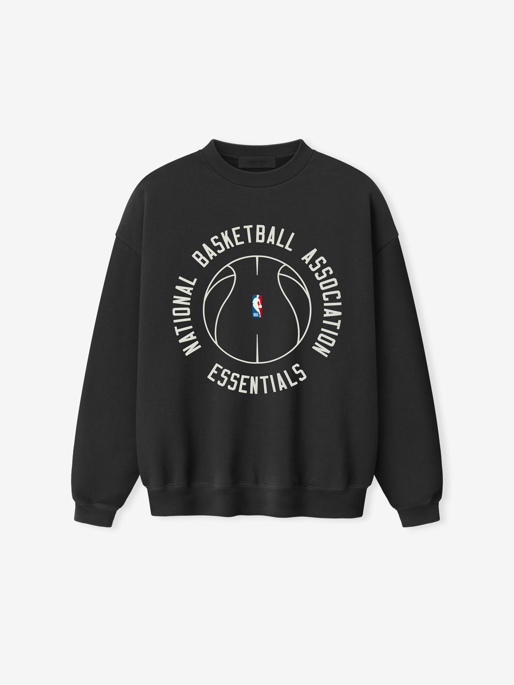 black heavyweight crewneck sweatshirt with circular NBA logo and National Basketball Association Essentials text on front