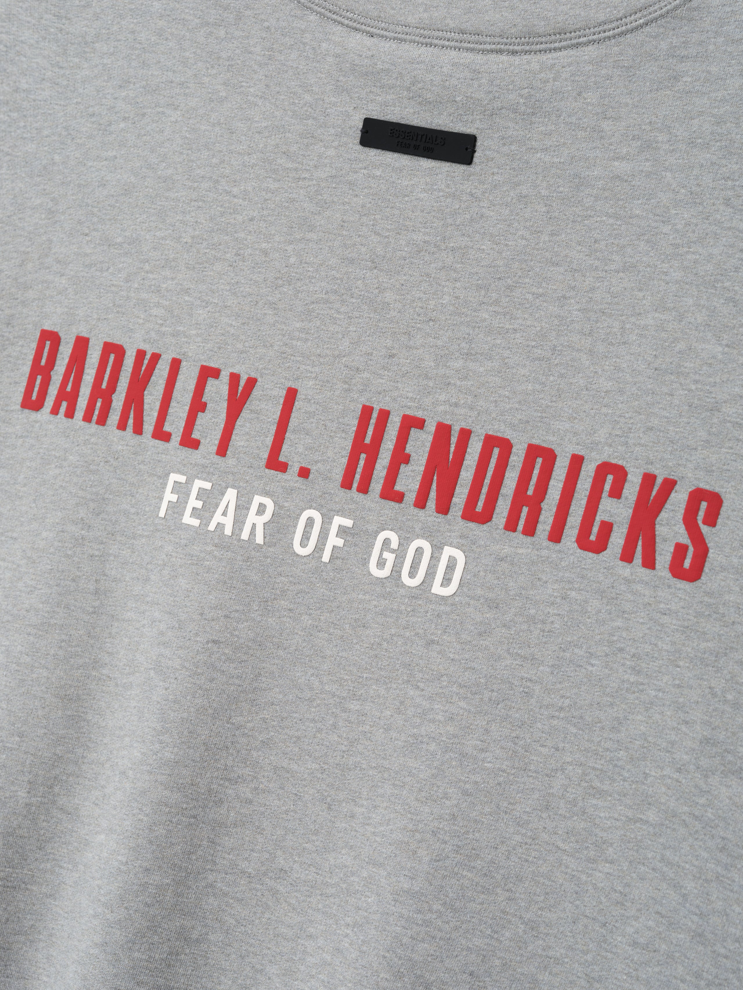 light grey heavyweight crewneck with bold red Barkley L. Hendricks text and white Fear of God branding on front