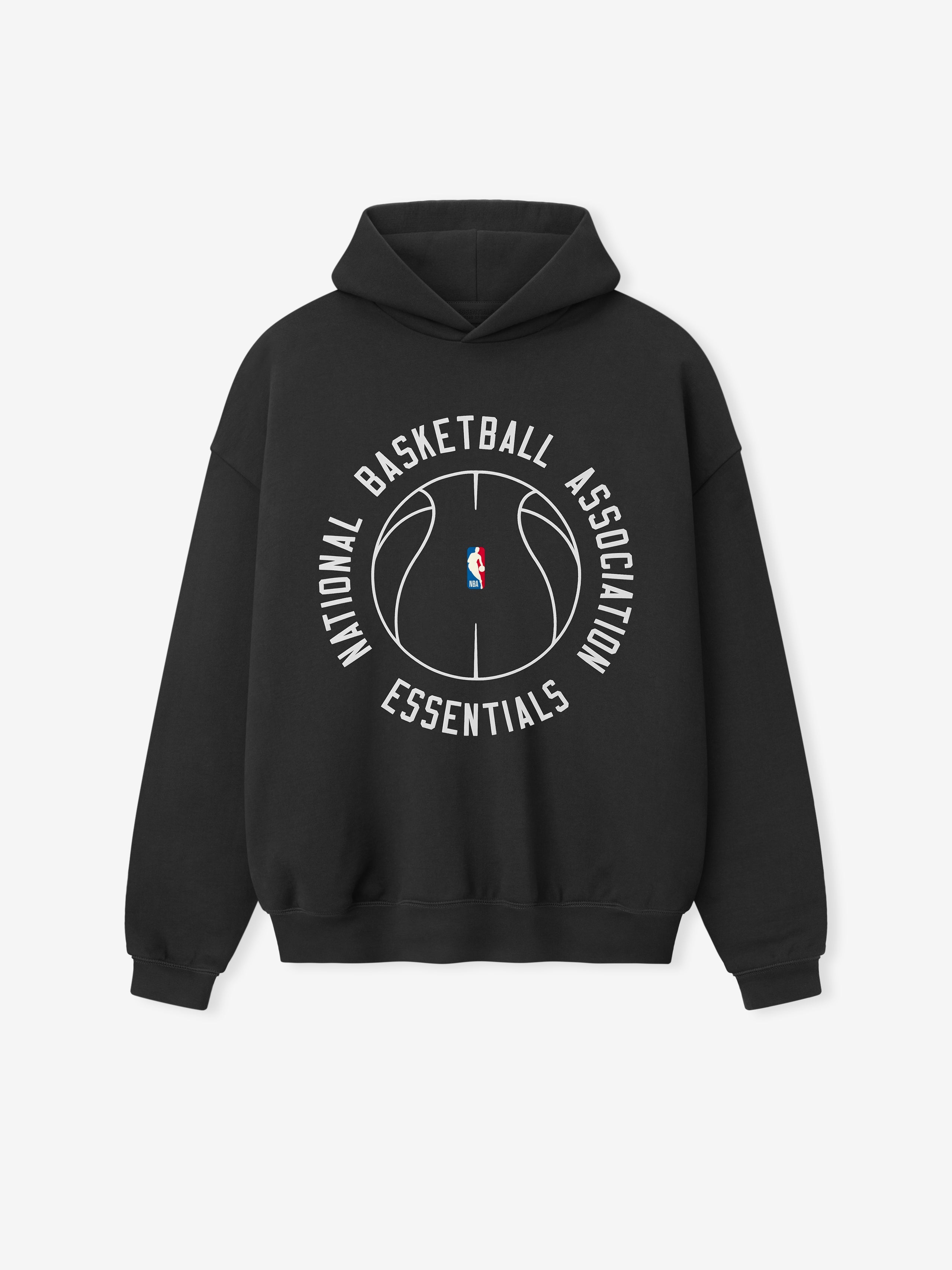 black heavyweight hoodie with white outlined basketball and circular National Basketball Association Essentials text on front
