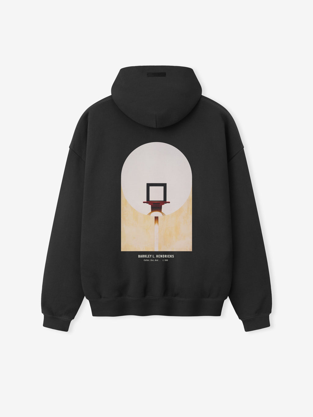 black heavyweight hoodie with artistic basketball hoop graphic and Barkley L. Hendricks text on back