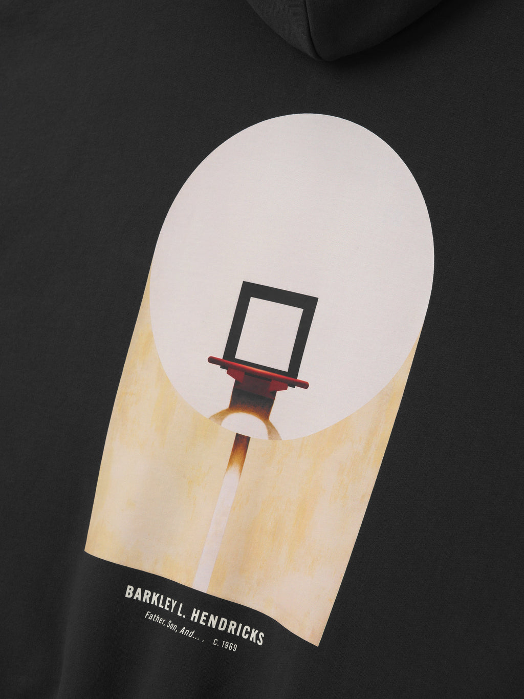 black hoodie with modern art style basketball hoop graphic and Barkley L. Hendricks text on back