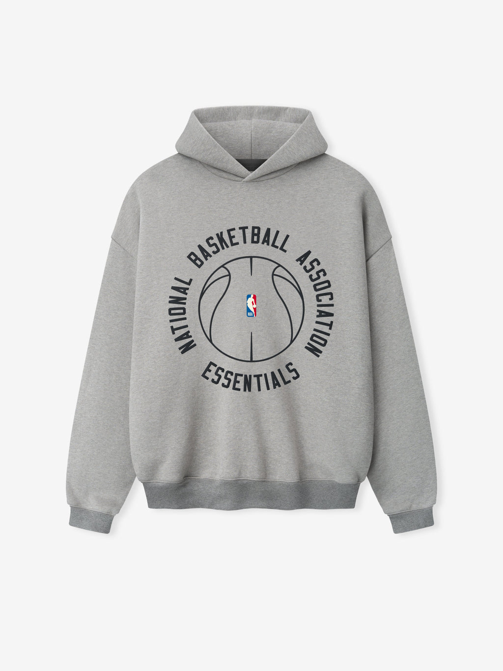grey heavyweight cotton fleece hoodie with outlined basketball and circular NBA Essentials text on front center