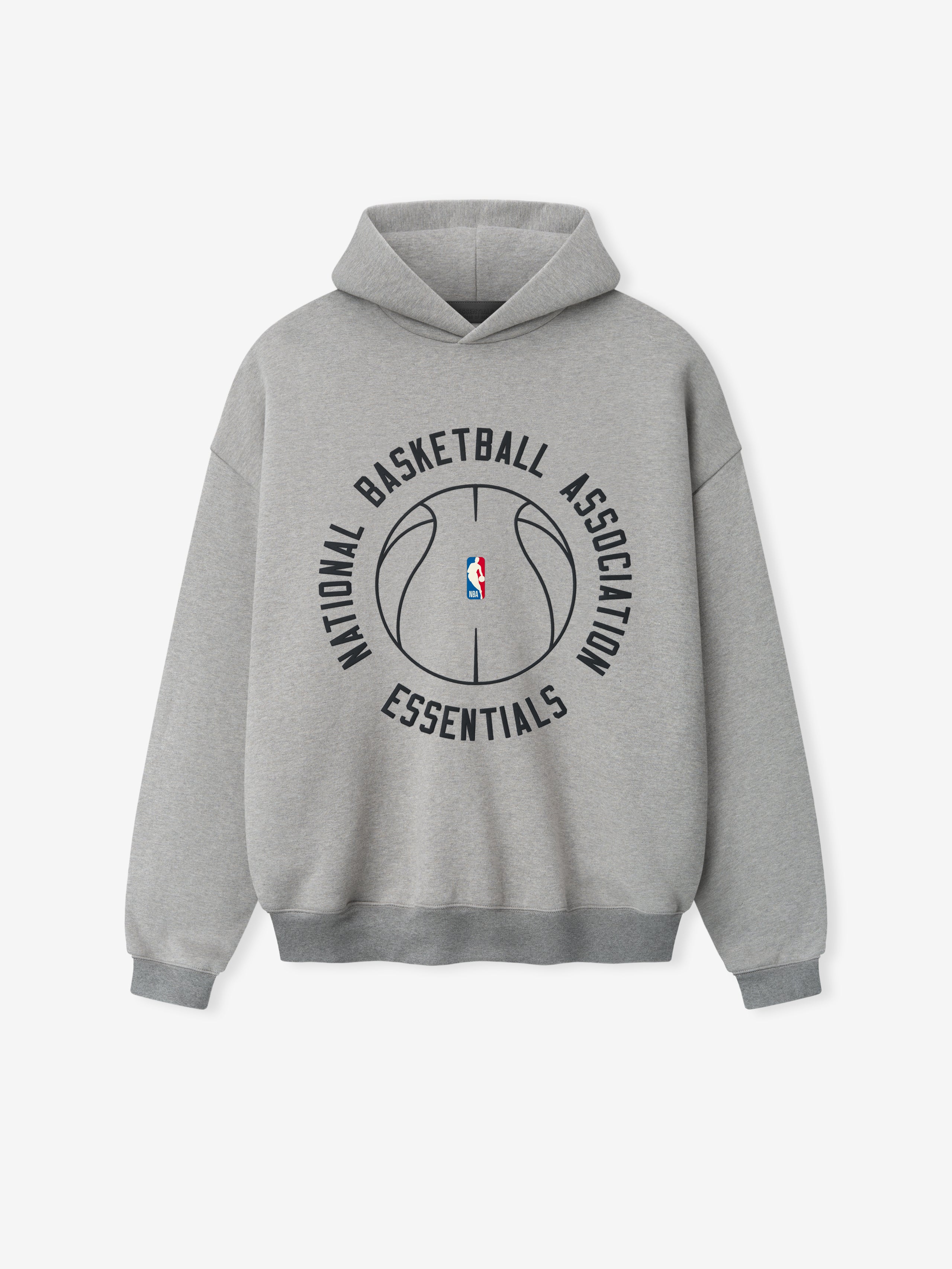 grey heavyweight cotton fleece hoodie with outlined basketball and circular NBA Essentials text on front center