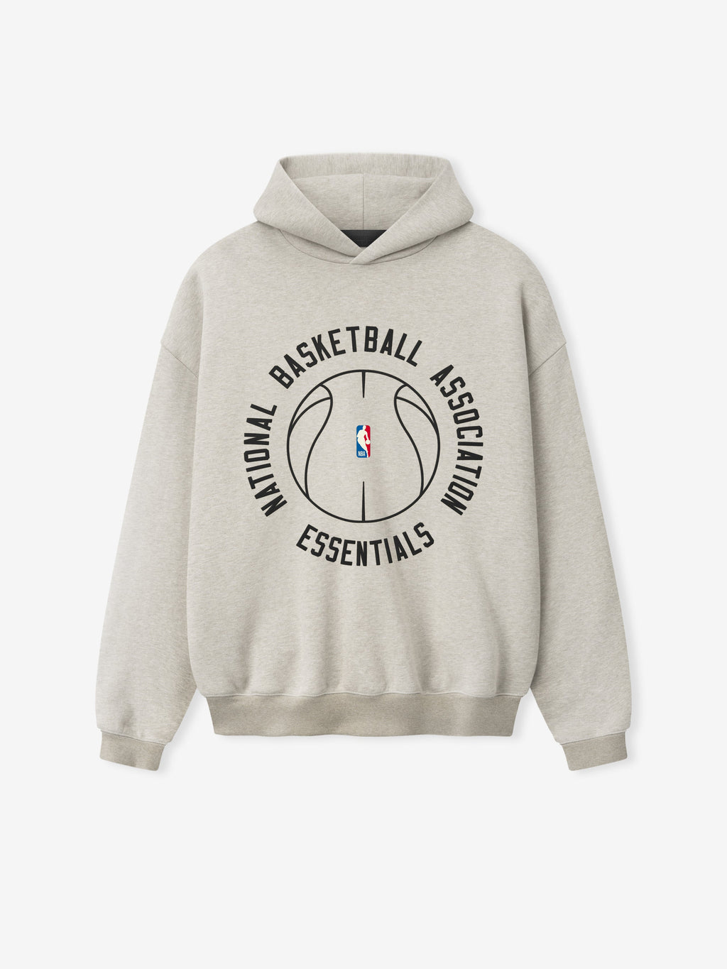 neutral heavyweight hoodie with central outlined basketball and NBA Essentials text encircling logo on front