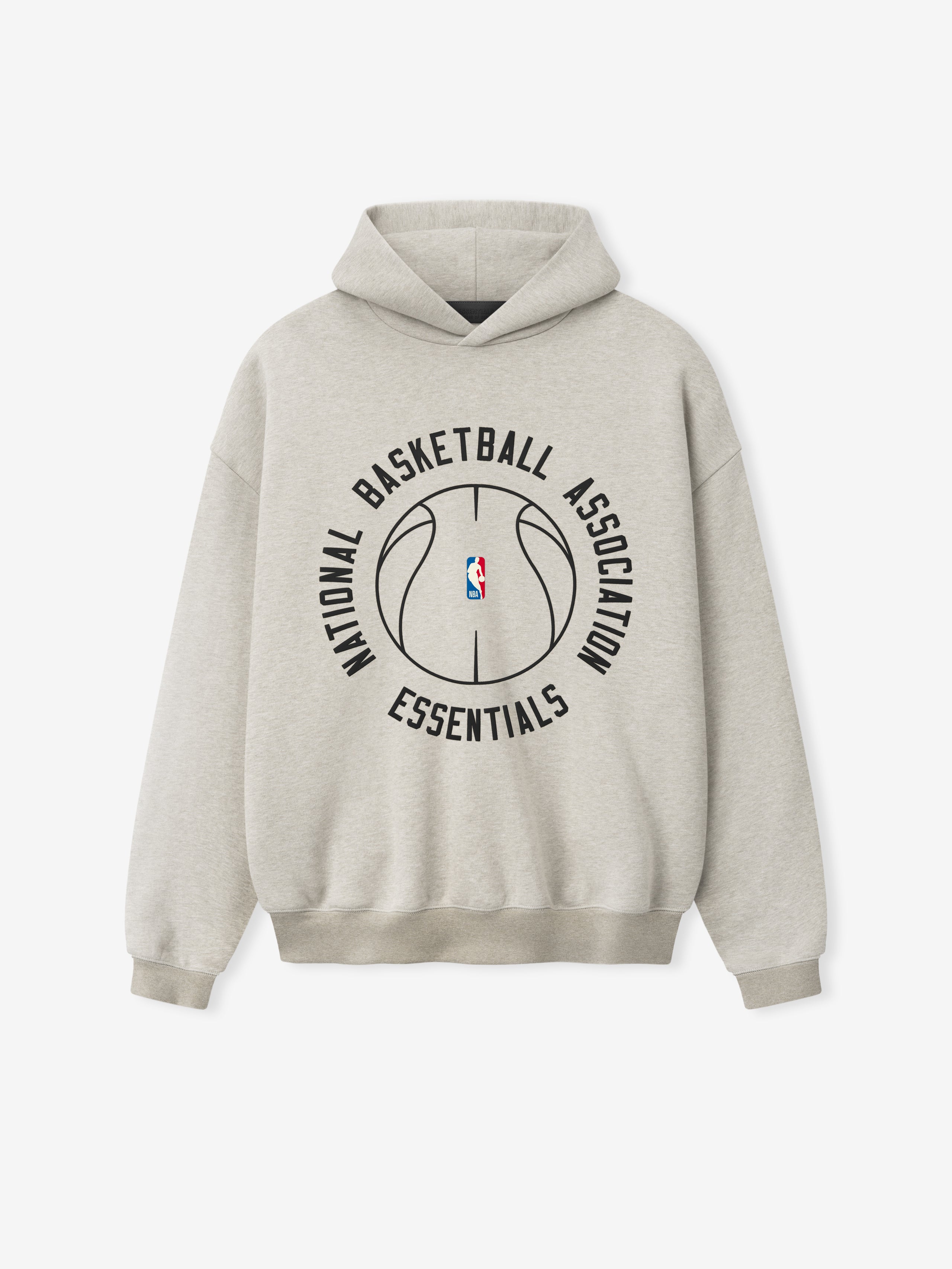 neutral heavyweight hoodie with central outlined basketball and NBA Essentials text encircling logo on front
