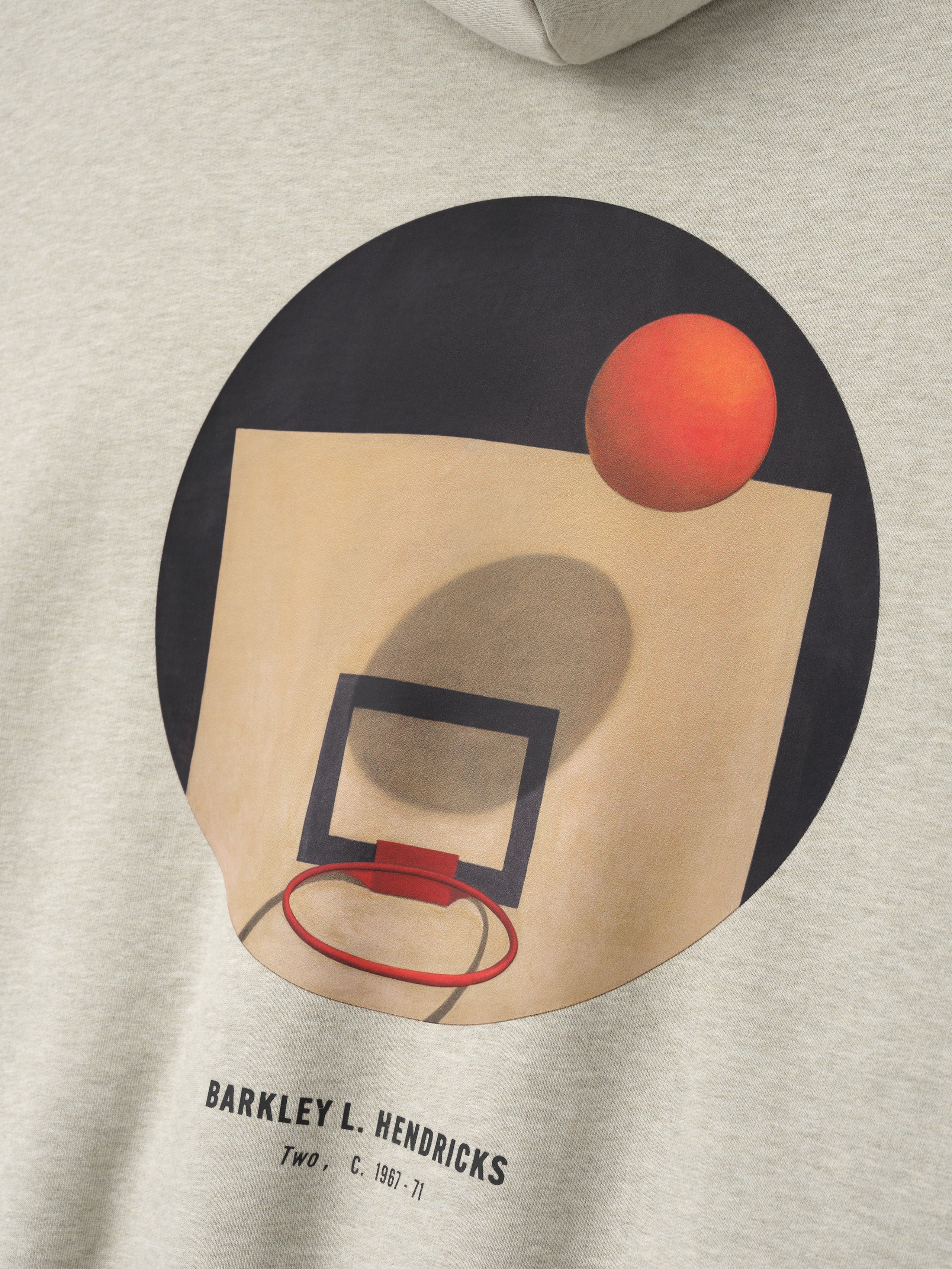 light beige heavyweight hoodie with artistic basketball hoop and ball graphic by Barkley Hendricks on front center