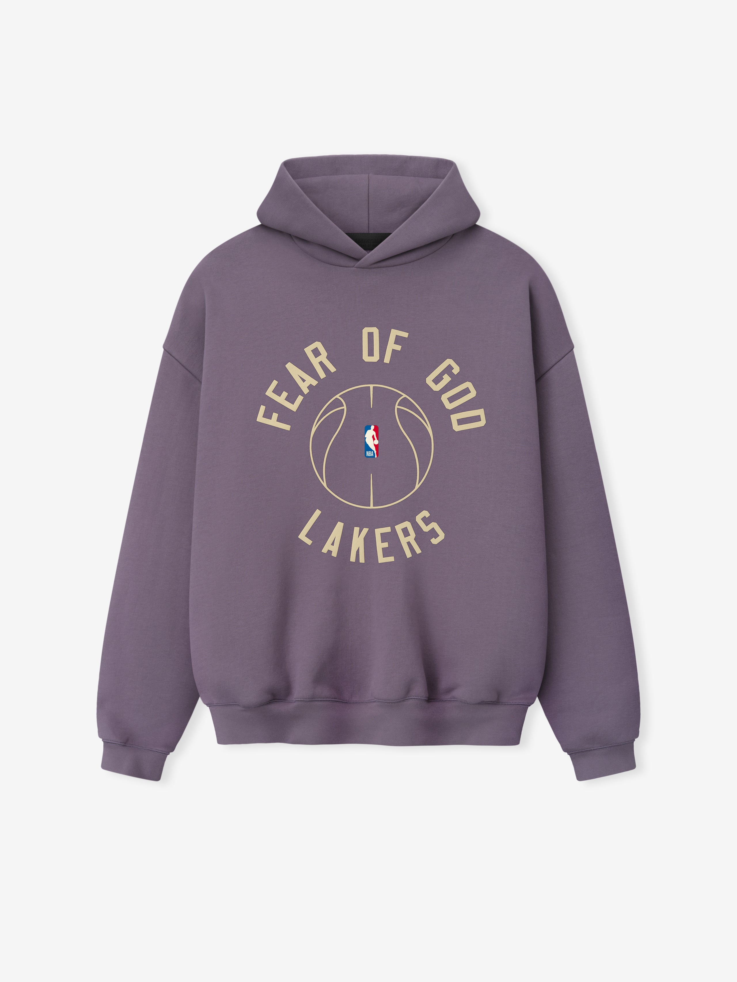 dusty purple heavyweight hoodie with puff-printed "FEAR OF GOD LAKERS" text and outlined basketball graphic on front center