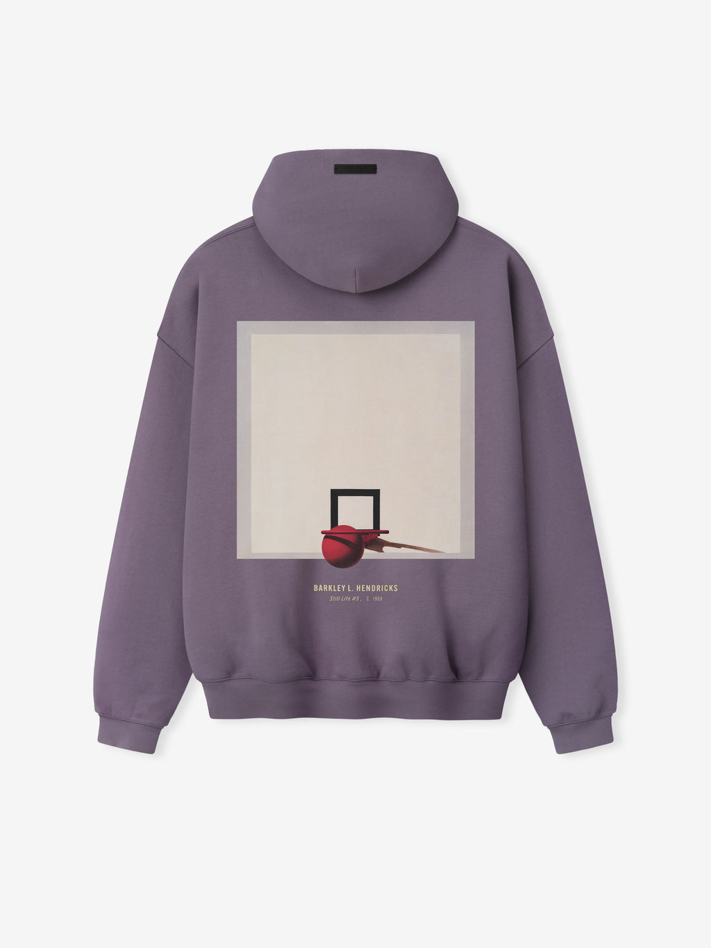 dusty purple heavyweight hoodie with minimalist basketball hoop and ball artwork and Barkley Hendricks text on back center