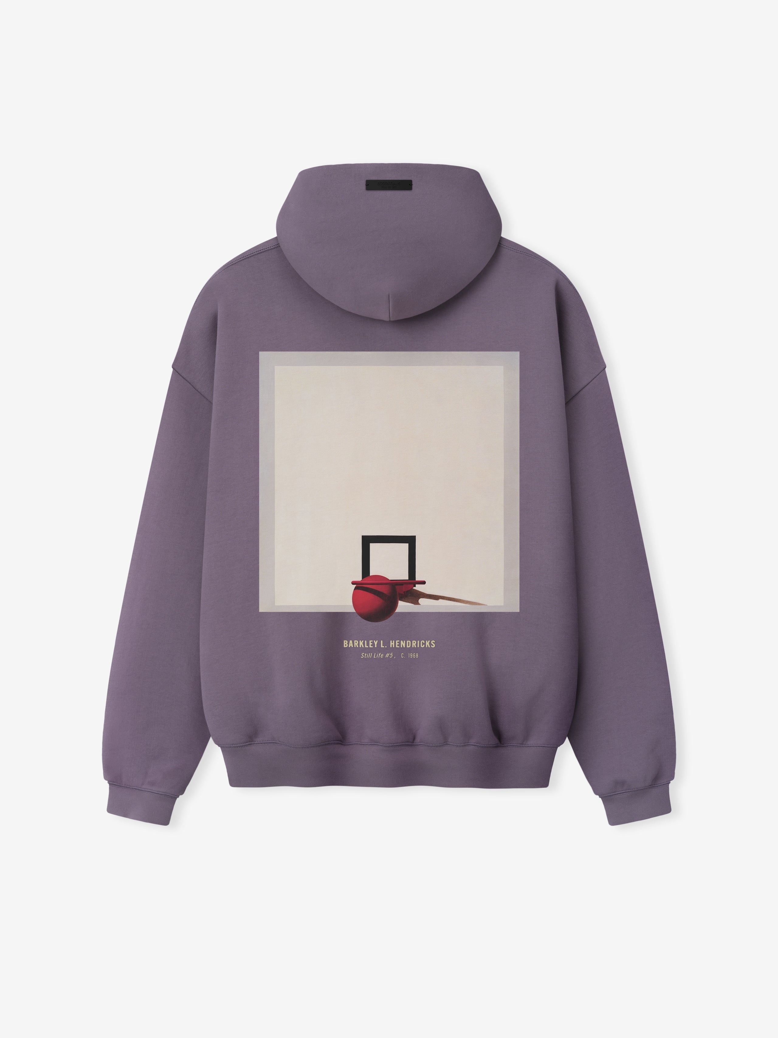 dusty purple heavyweight hoodie with minimalist basketball hoop and ball artwork and Barkley Hendricks text on back center