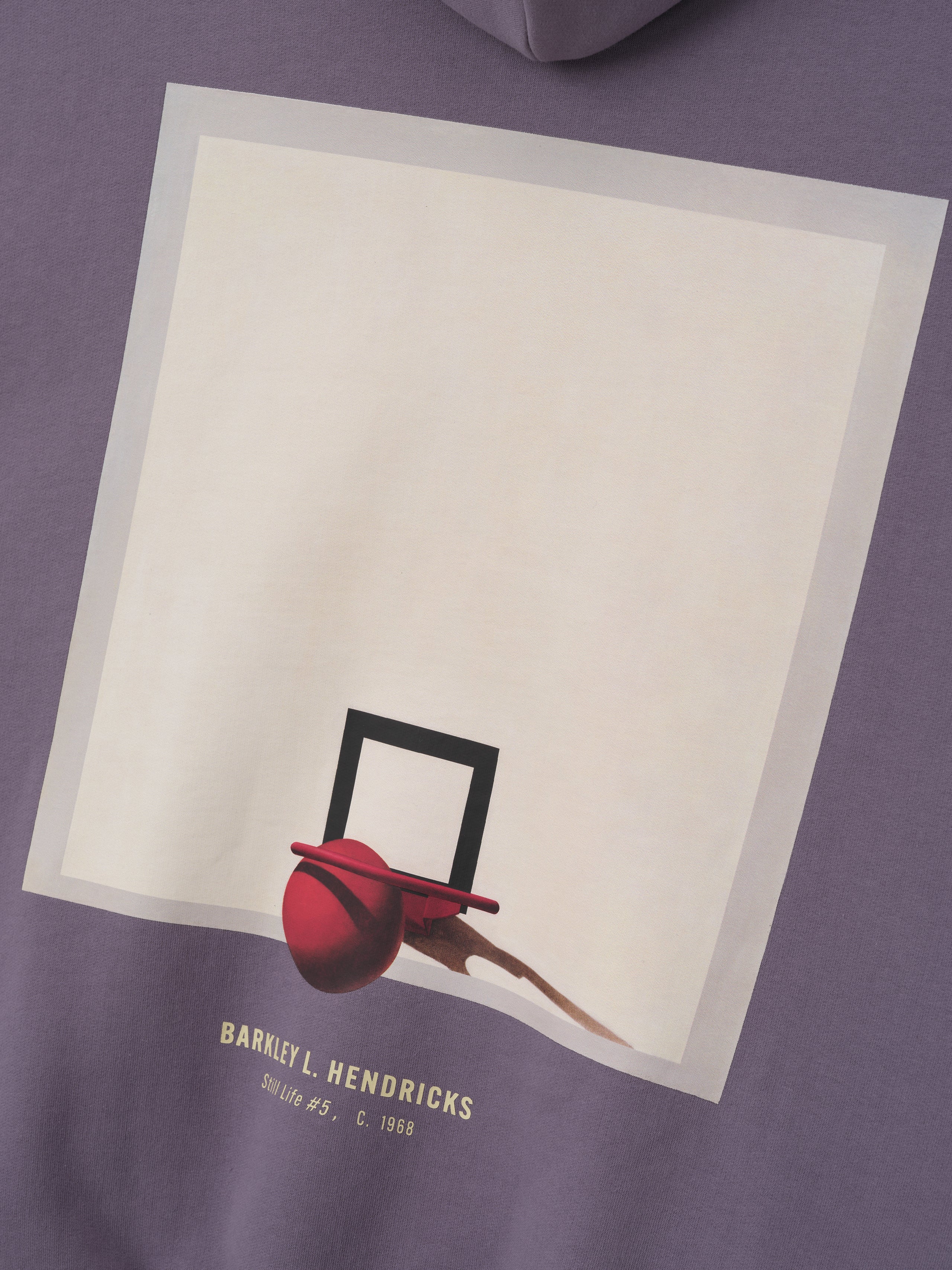 dusty purple heavyweight hoodie with graphic of red basketball hoop and ball and Barkley L. Hendricks text on back