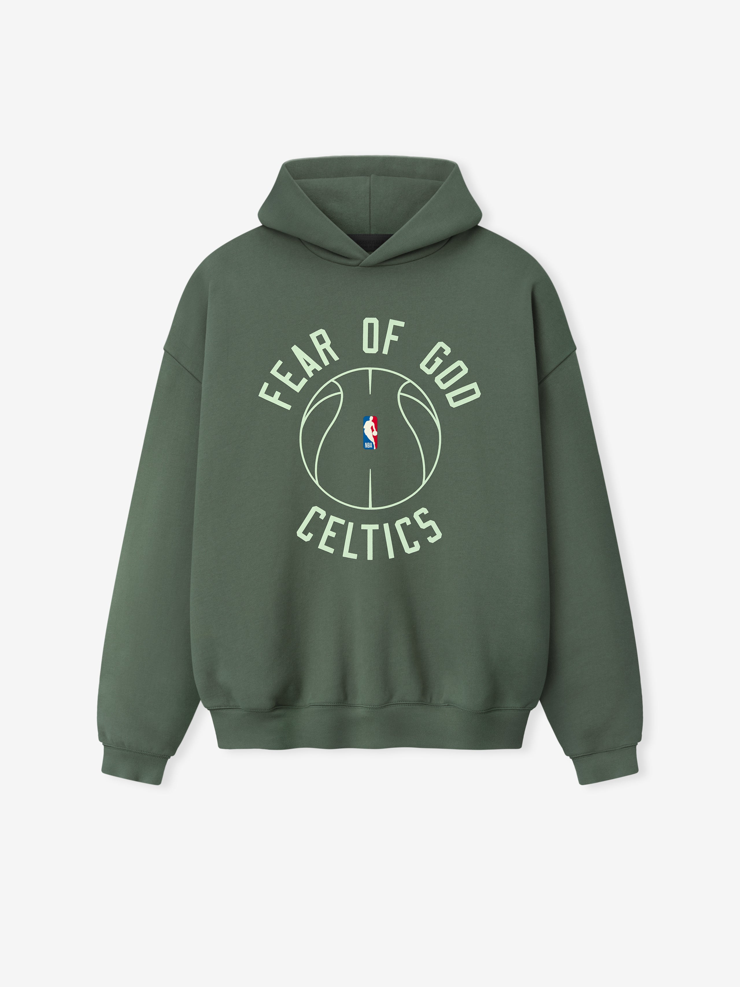muted green heavyweight hoodie with puff-printed Fear of God Celtics text and outlined basketball logo on front center