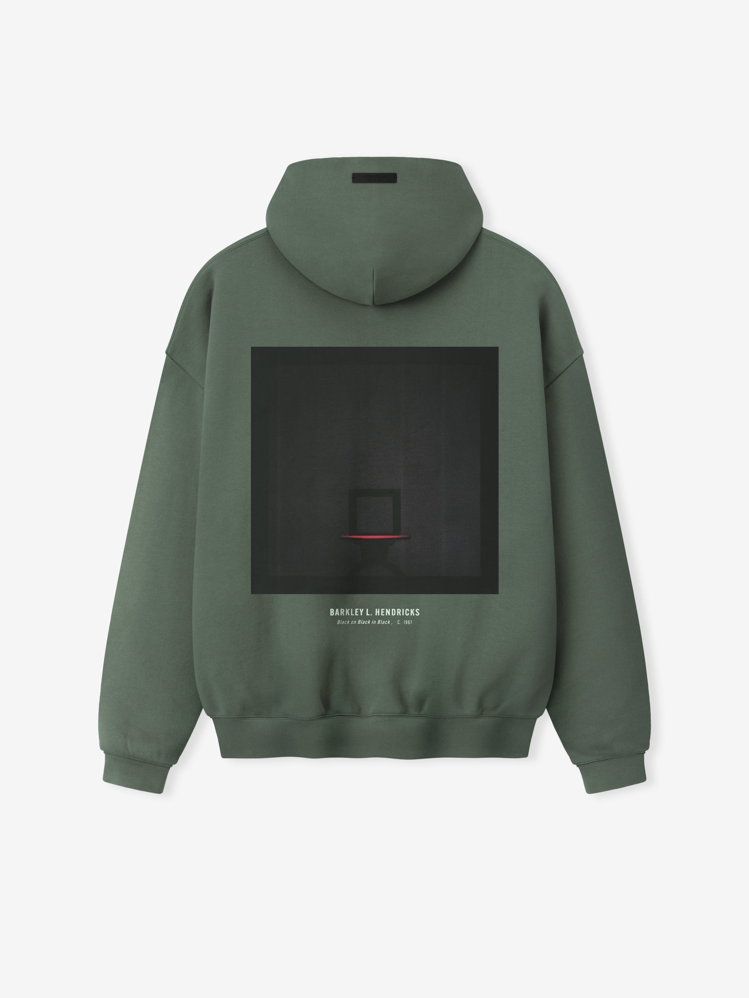 muted green heavyweight hoodie with minimalist Barkley Hendricks basketball hoop graphic centered on back