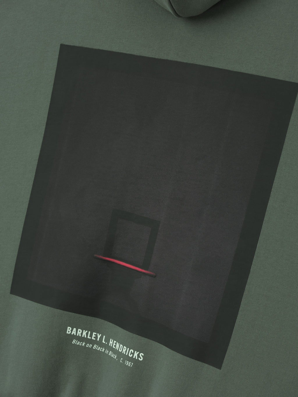 muted green hoodie with black-on-black Barkley Hendricks basketball hoop graphic and text on front center