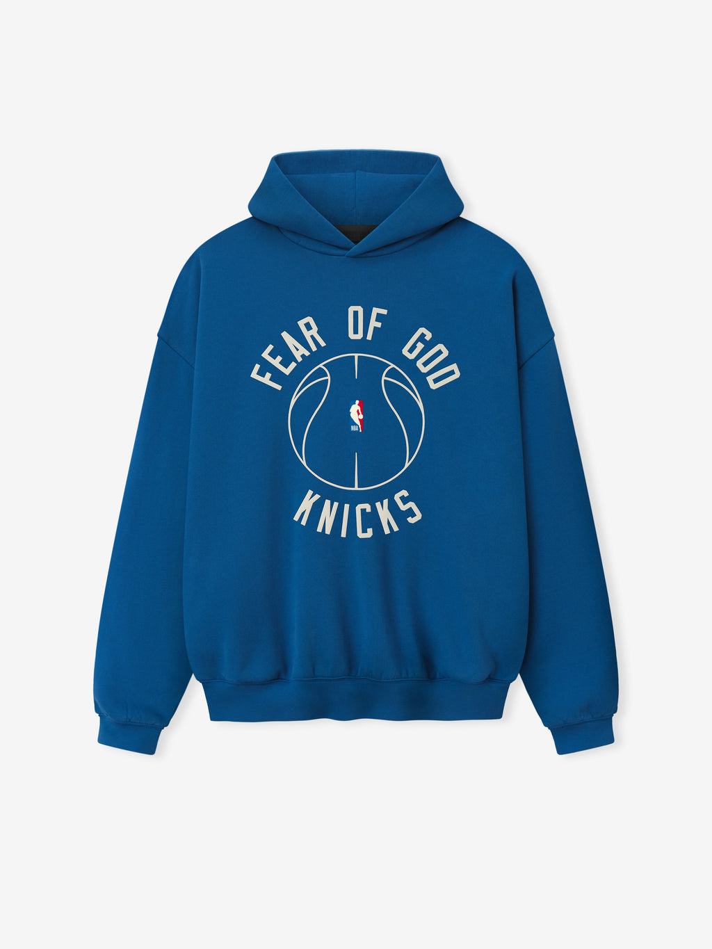 blue heavyweight hoodie with puff-printed Fear of God Knicks text and outlined basketball graphic on front center