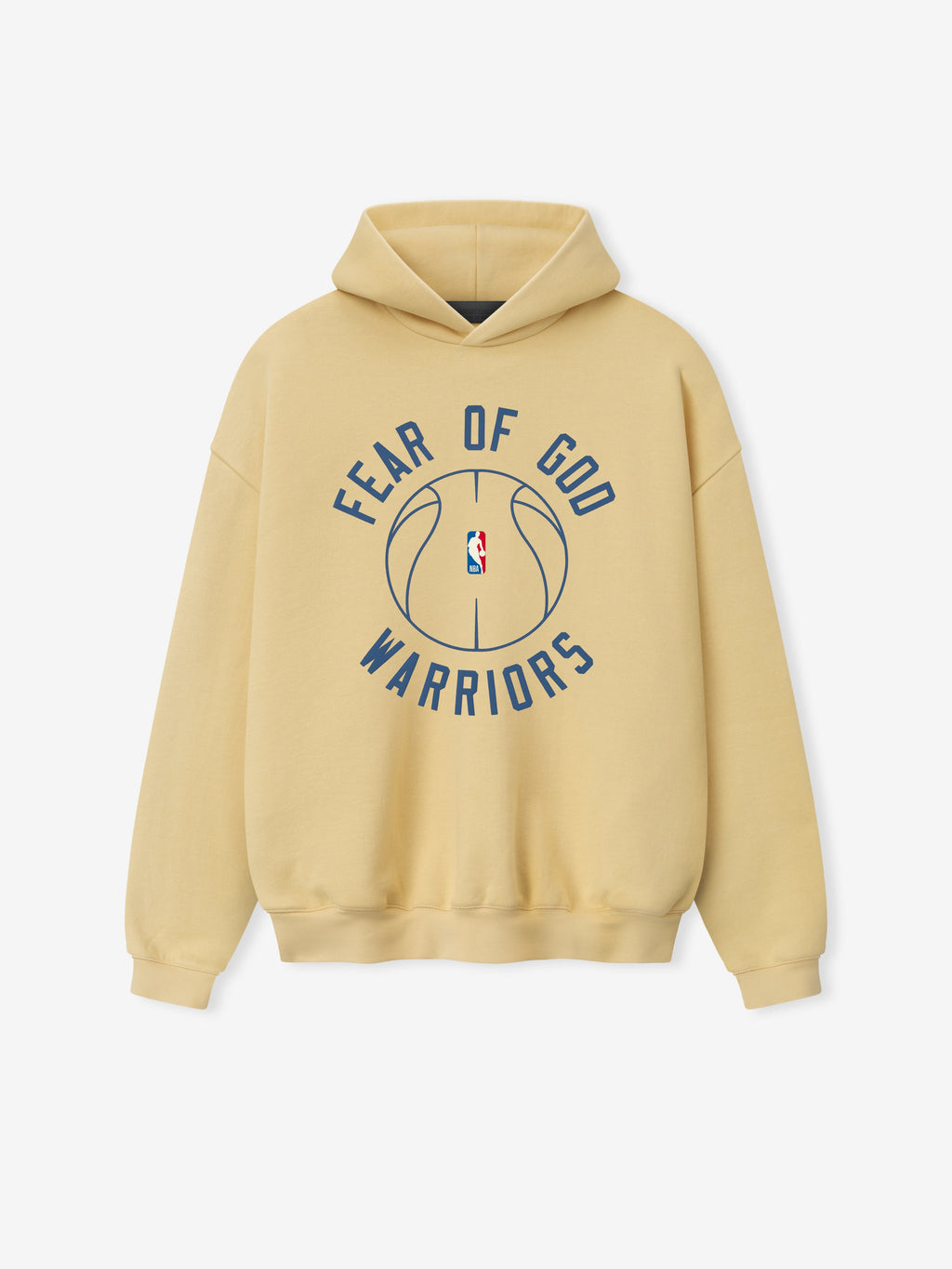 beige heavyweight hoodie featuring puff-printed Fear of God Warriors text and NBA basketball graphic on front center