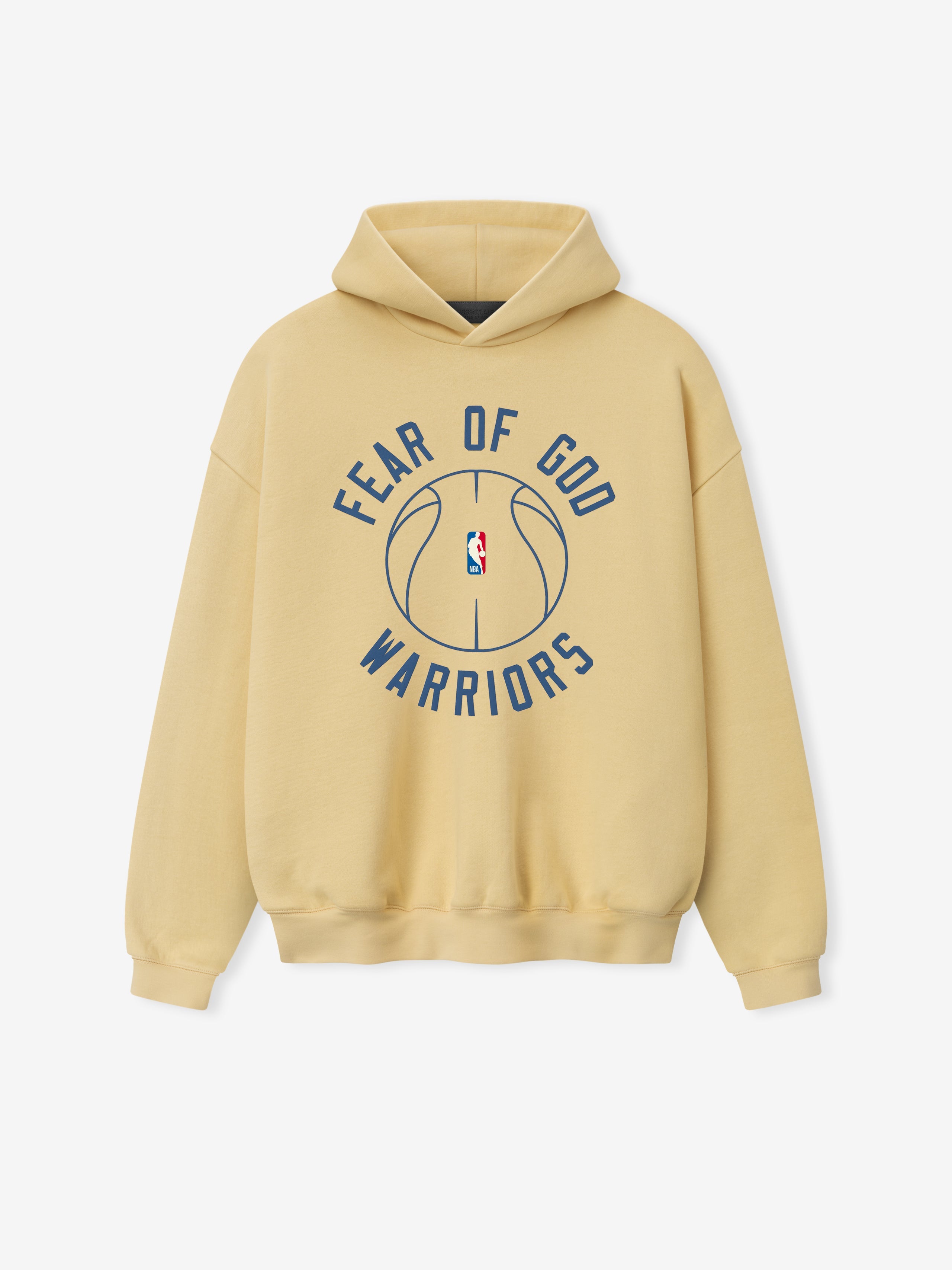 beige heavyweight hoodie featuring puff-printed Fear of God Warriors text and NBA basketball graphic on front center