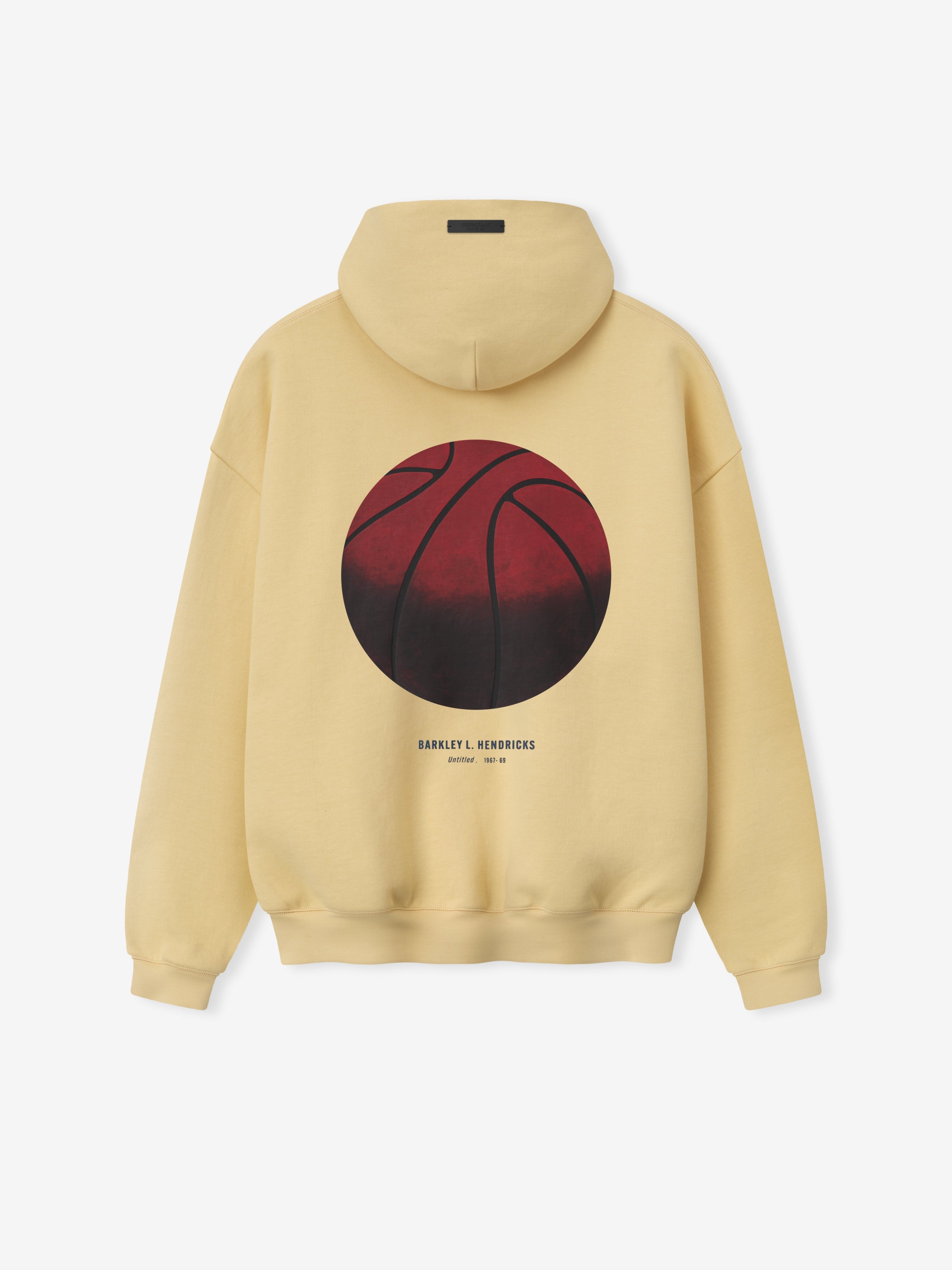 beige heavyweight hoodie with large gradient basketball graphic and Barkley L. Hendricks text on back center