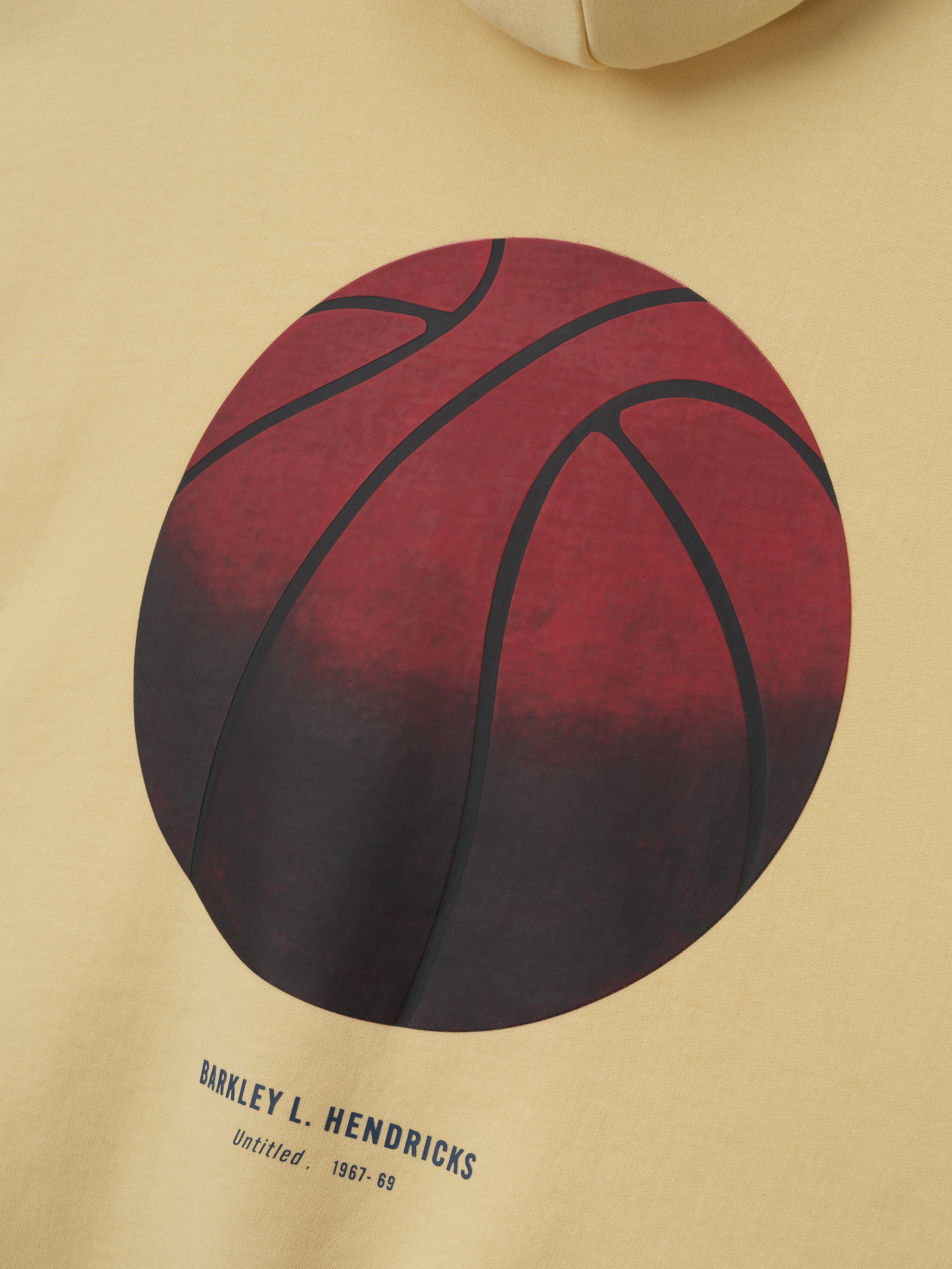beige heavyweight hoodie with large gradient red and black basketball graphic and Barkley L. Hendricks text below center