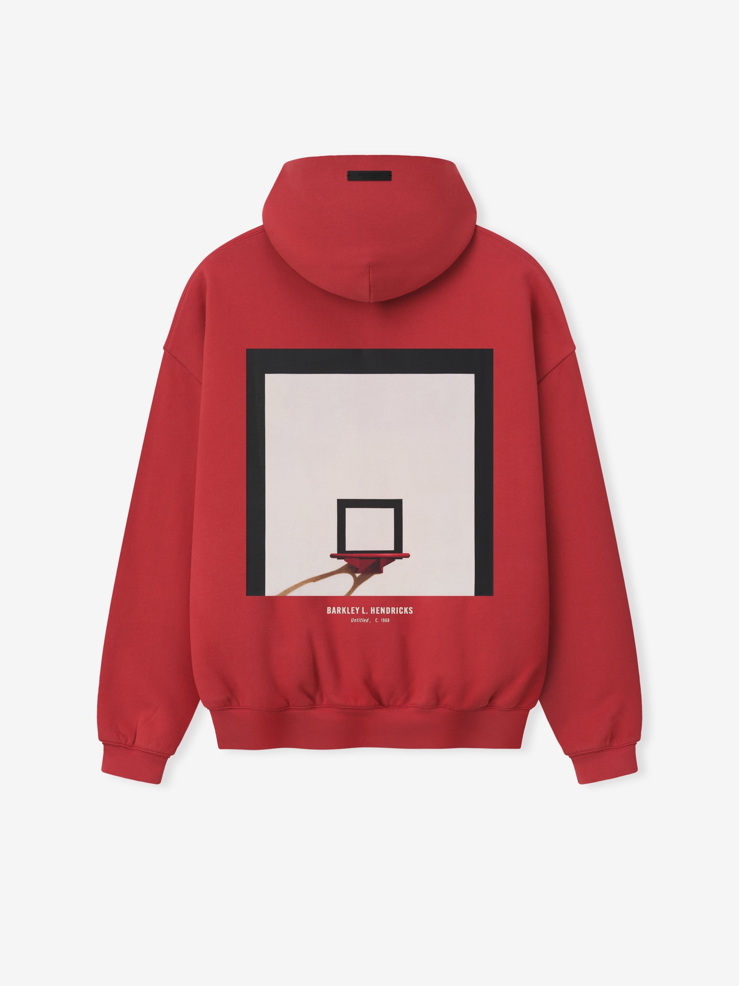 red heavyweight hoodie with framed basketball hoop graphic and Barkley L. Hendricks text on lower back center