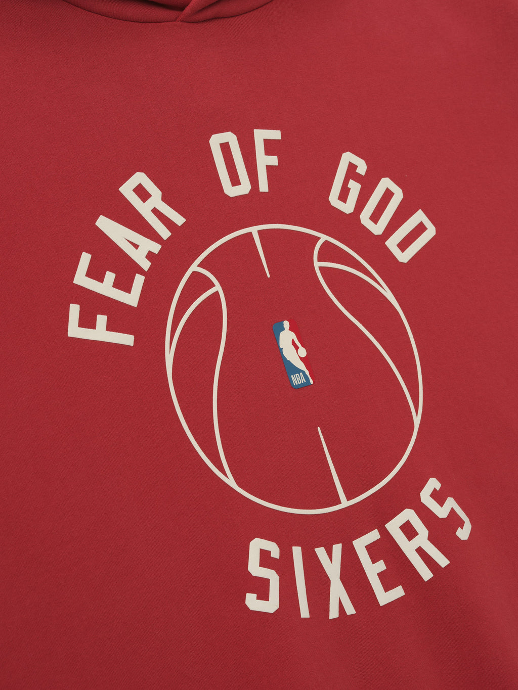 red heavyweight hoodie with puffed FEAR OF GOD SIXERS text surrounding minimalistic basketball outline on front center