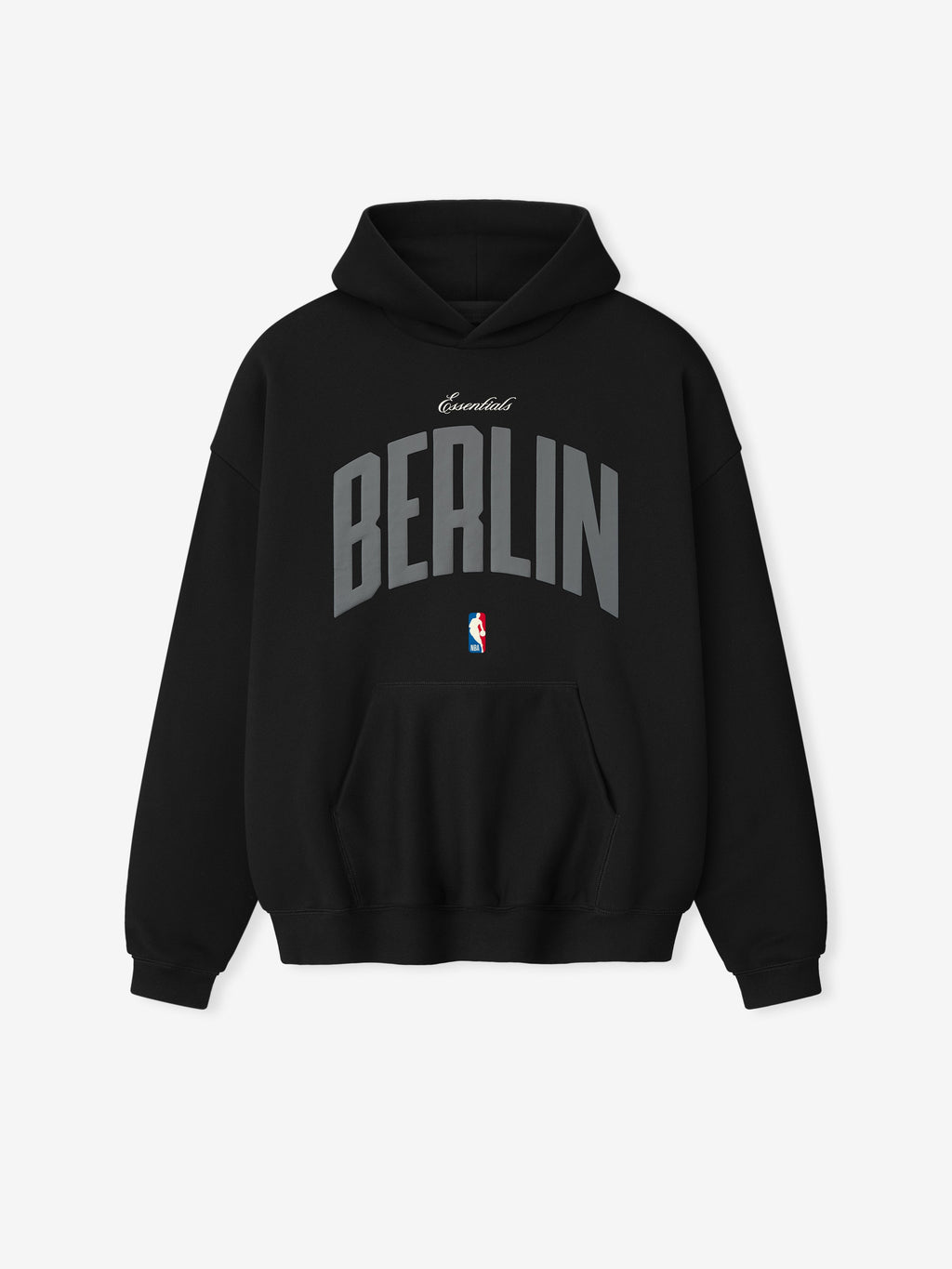 Front-facing black Berlin 90's Hoodie with large curved grey Berlin text and small NBA logo below pocket, gallery 0.