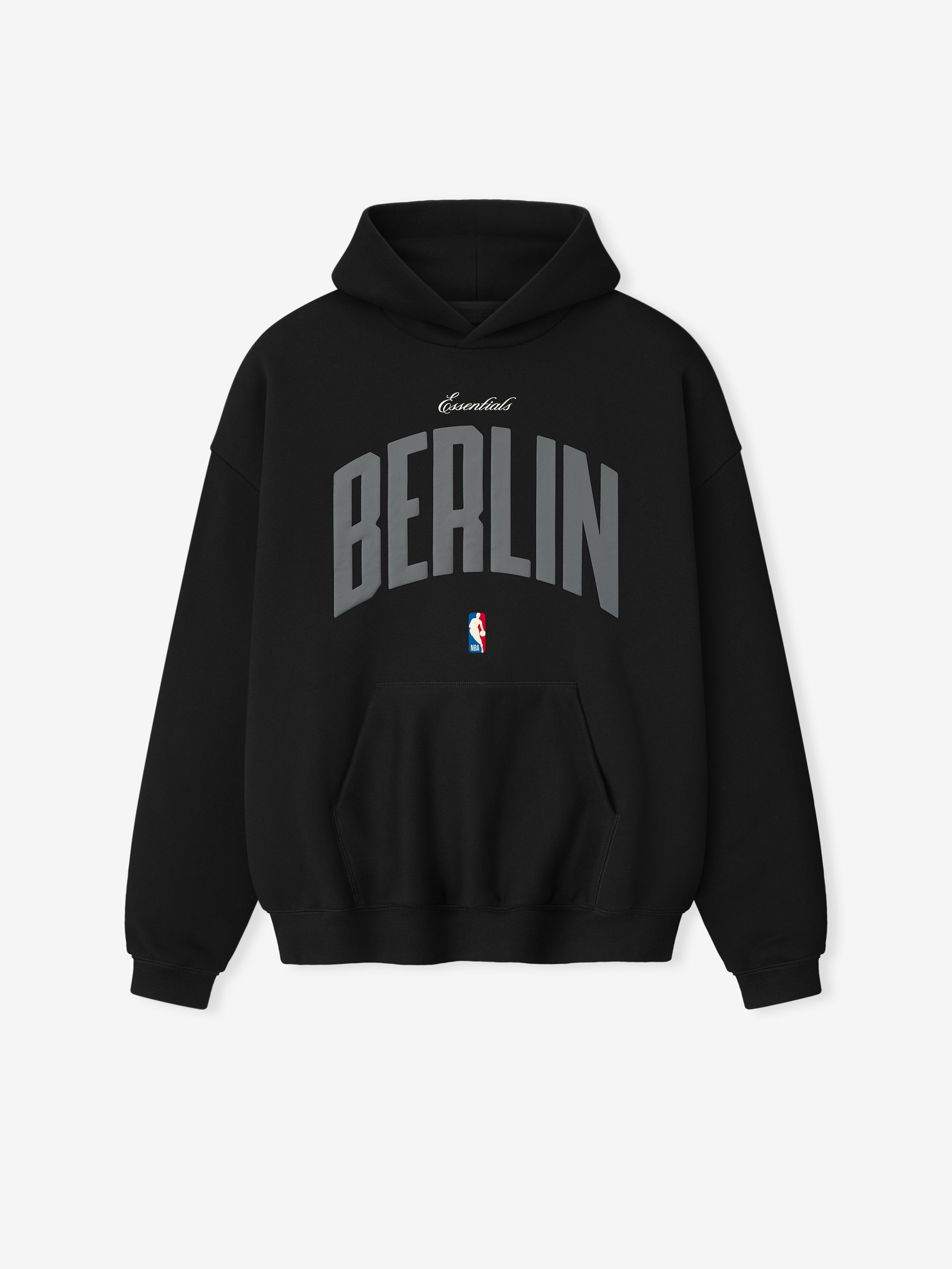 Front-facing black Berlin 90's Hoodie with large curved grey Berlin text and small NBA logo below pocket, gallery 0.