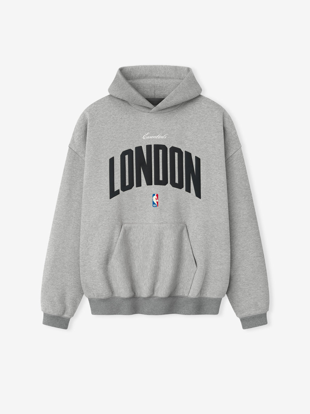 Front view of concrete heather London 90s Hoodie with bold black "London" text and small NBA logo, gallery position 0