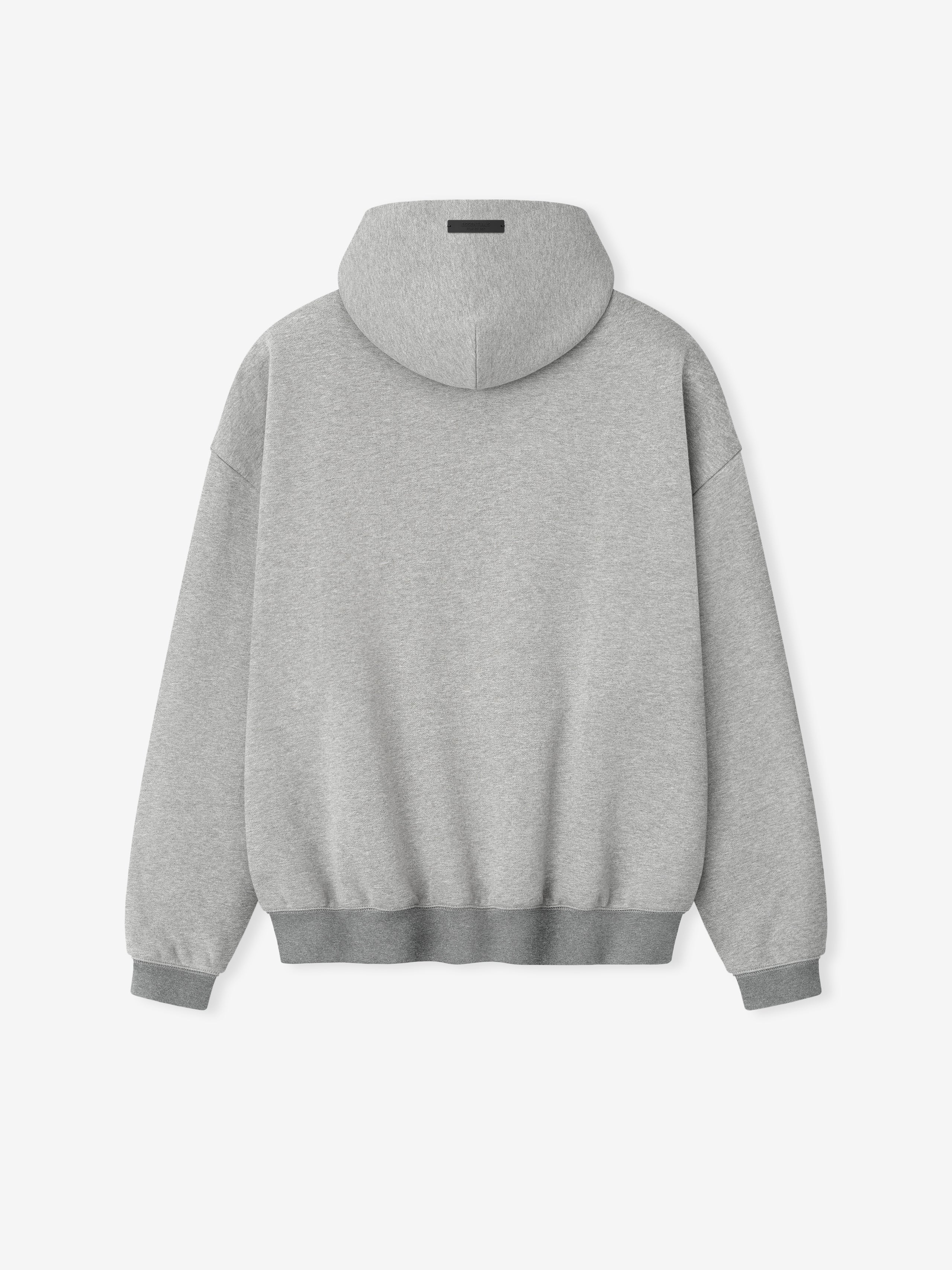 Back view of London 90s Hoodie in concrete heather color showing relaxed fit and ribbed cuffs, gallery position 0.