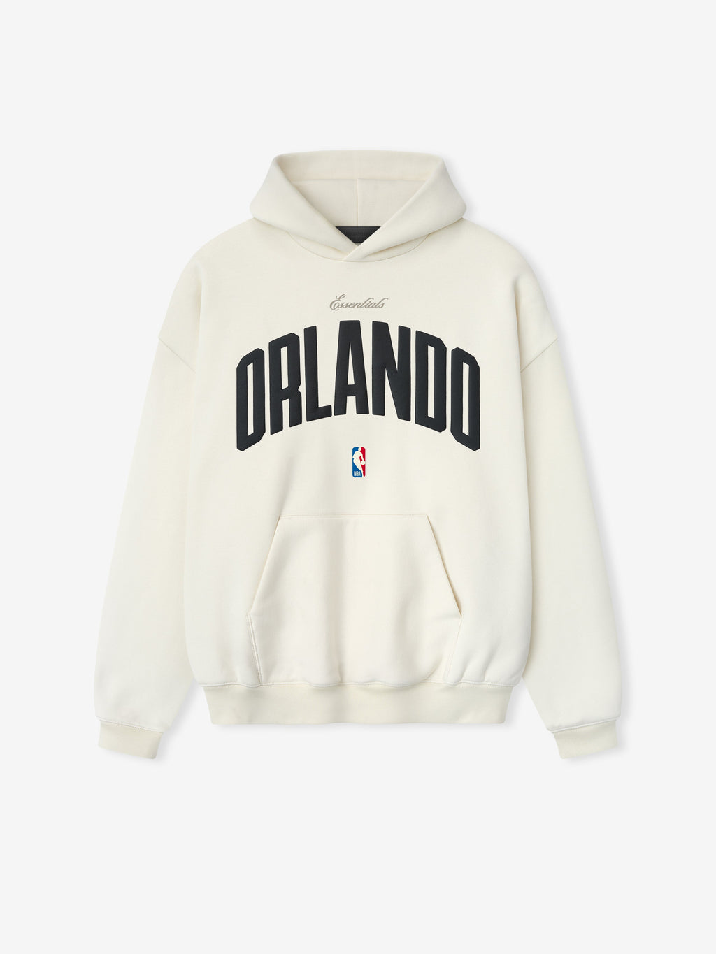 Cream white Orlando Magic 90s Hoodie with large black Orlando text and small NBA logo, front view, gallery 0.