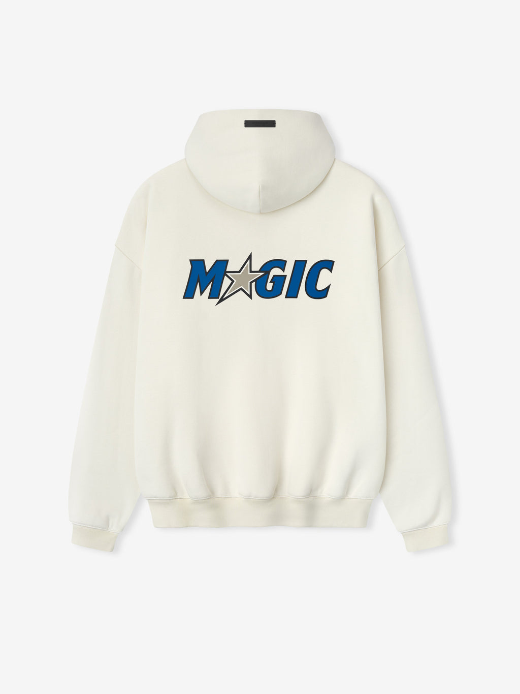 Back view of cream white Orlando Magic 90s Hoodie with large blue Magic text and star graphic, gallery position 0