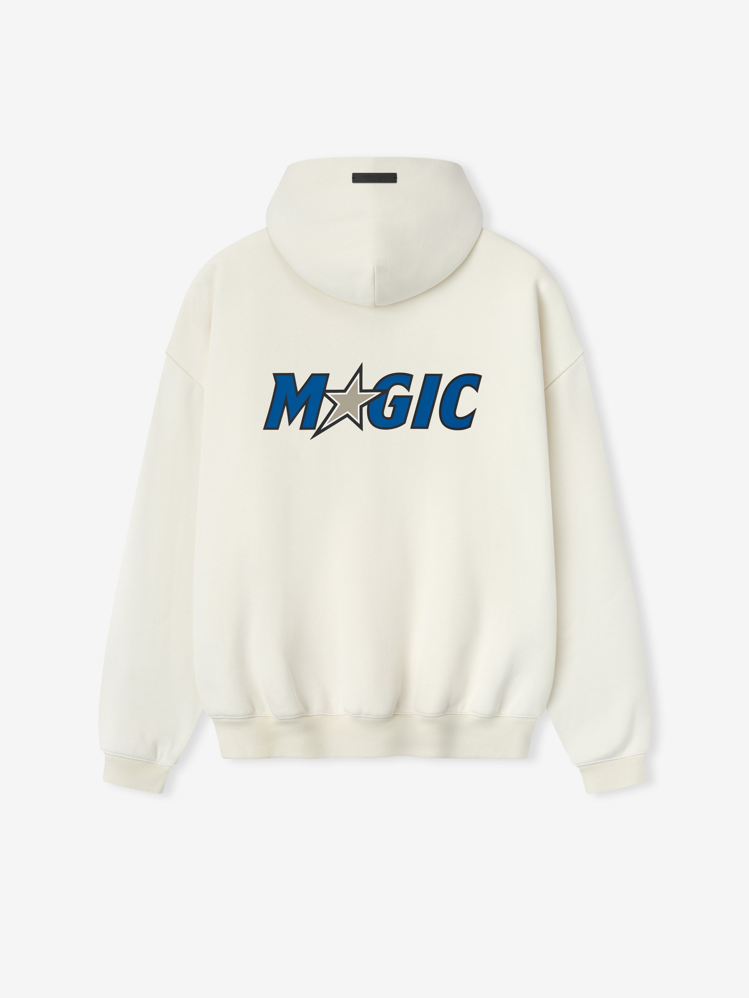 Back view of cream white Orlando Magic 90s Hoodie with large blue Magic text and star graphic, gallery position 0