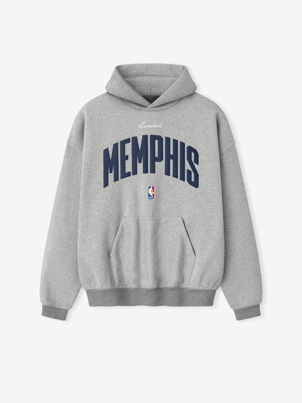 Front view of concrete heather Memphis Grizzlies 90'S Hoodie with navy Memphis text and small NBA logo, gallery 0.