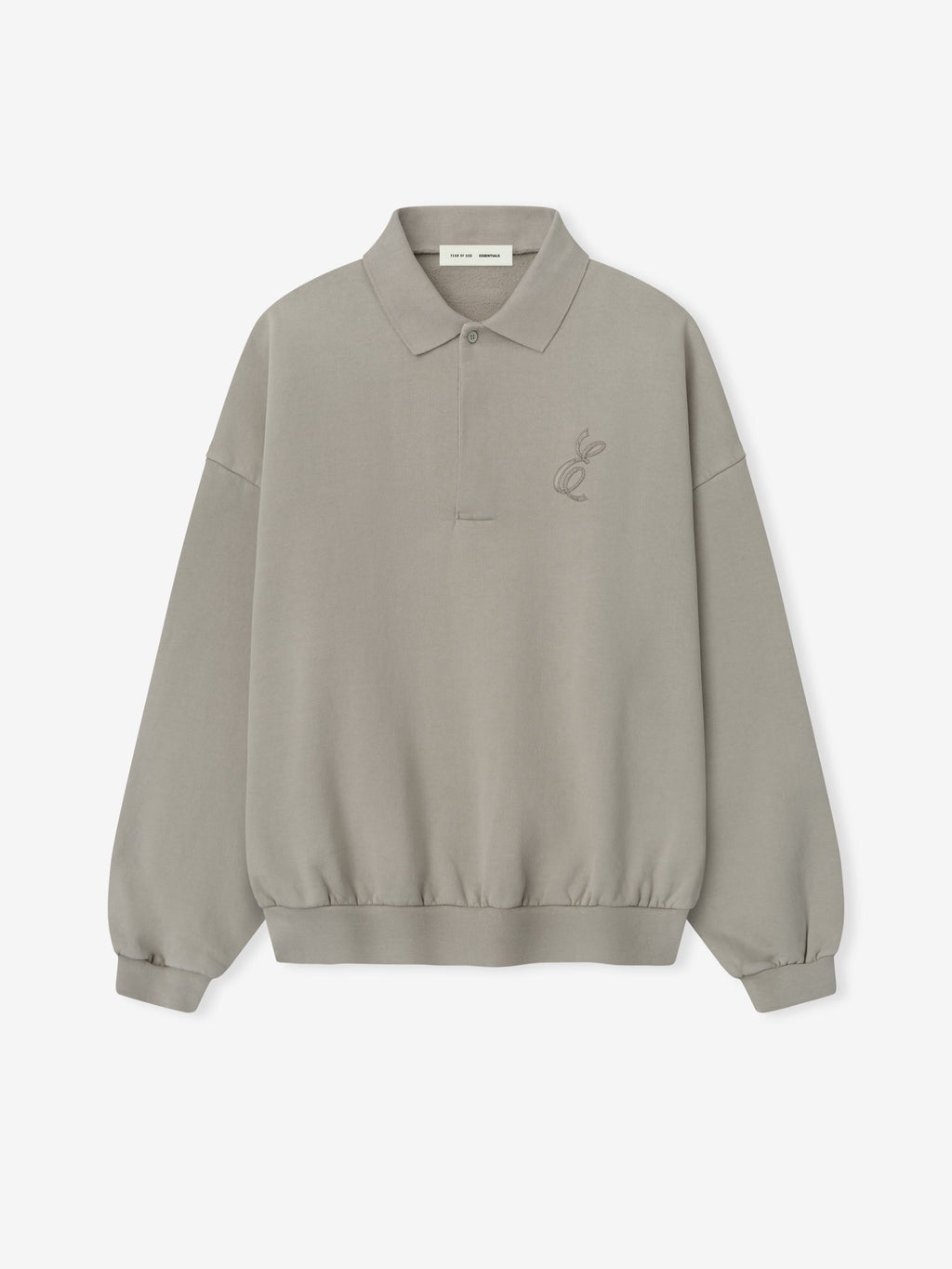 Front view of smoke grey classic polo sweatshirt with subtle embroidered logo on chest and ribbed hem and cuffs
