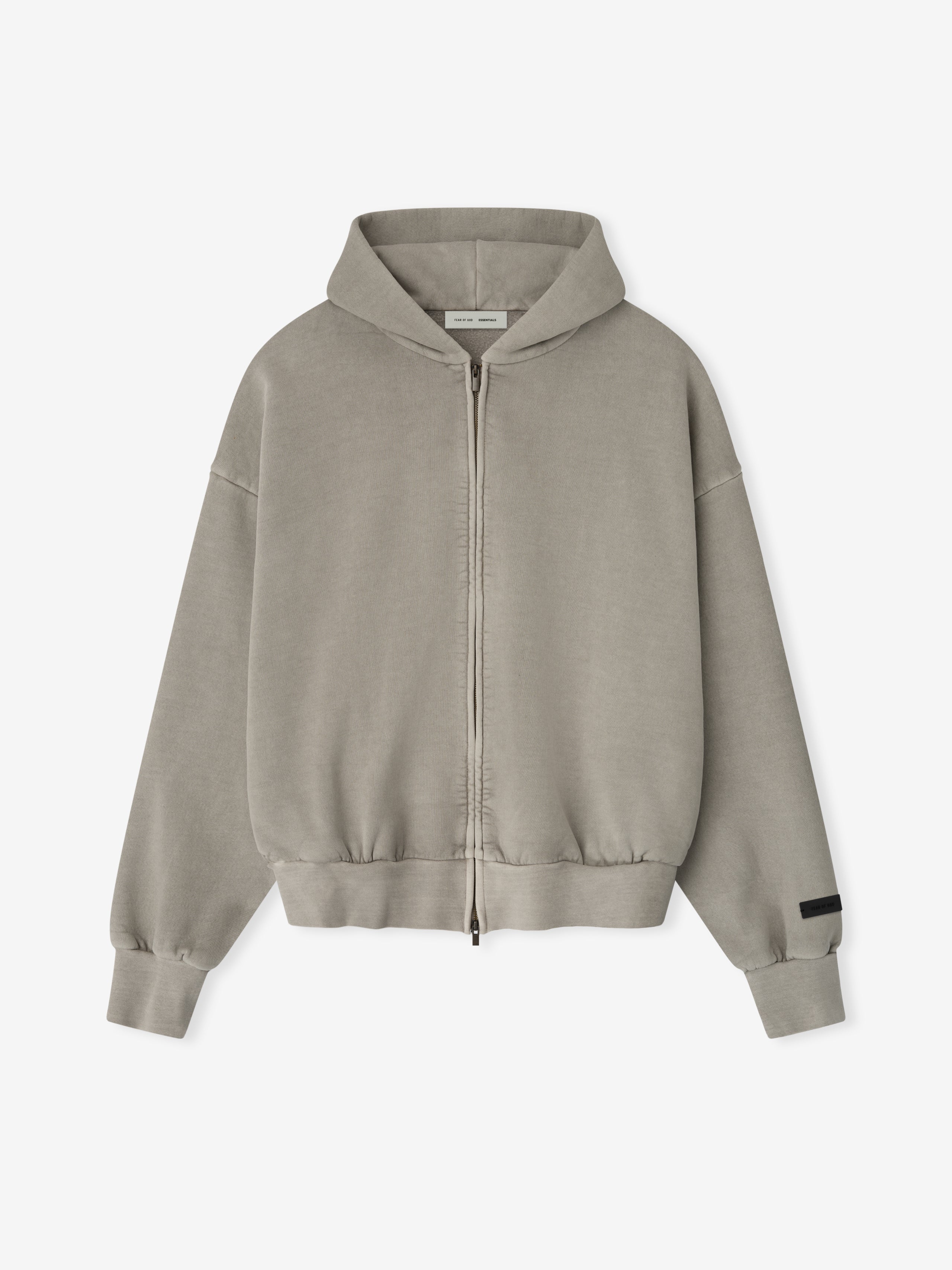 Front view of smoke grey Classic Full Zip Hoodie with hood down, relaxed fit, and minimal detailing on cuffs and hem