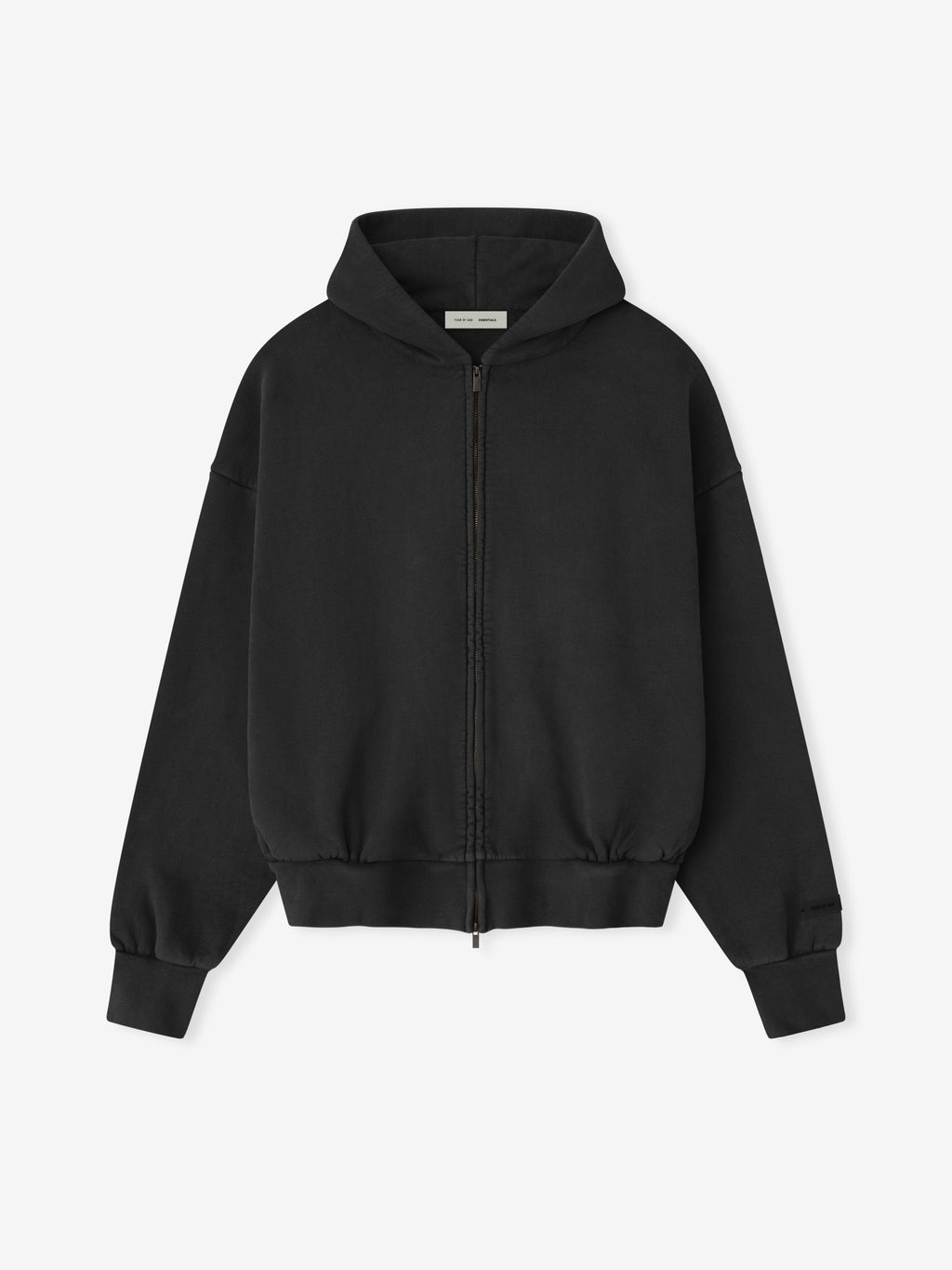 Front view of vintage black Embroidered Classic Full Zip Hoodie with hood up and zipper fully closed on plain white background