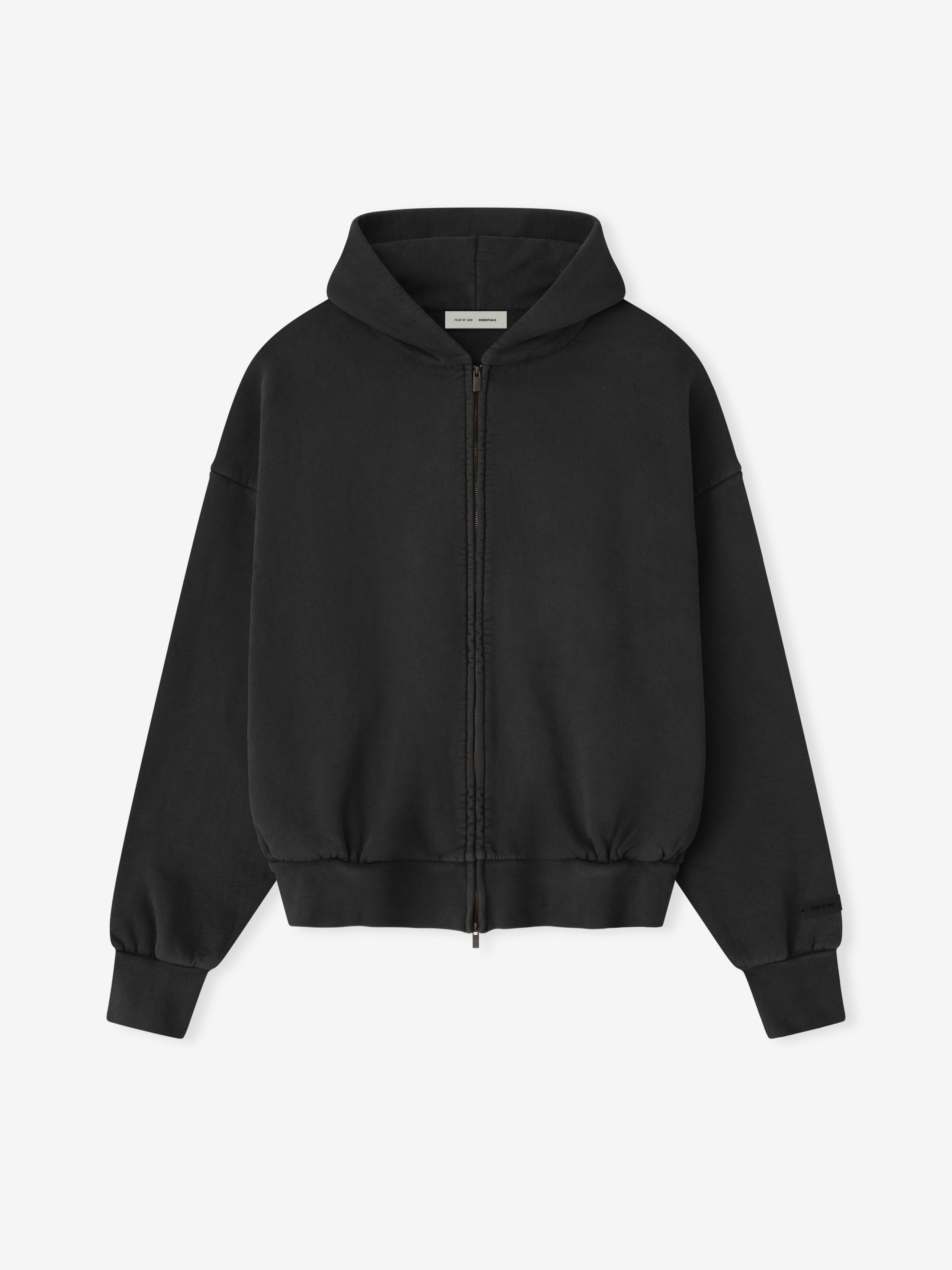 Front view of vintage black Embroidered Classic Full Zip Hoodie with hood up and zipper fully closed on plain white background