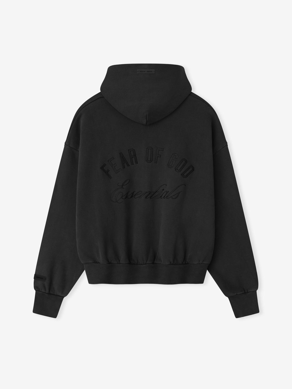 Rear view of vintage black Embroidered Classic Full Zip Hoodie with tonal Fear of God Essentials logo embroidery and hood visible