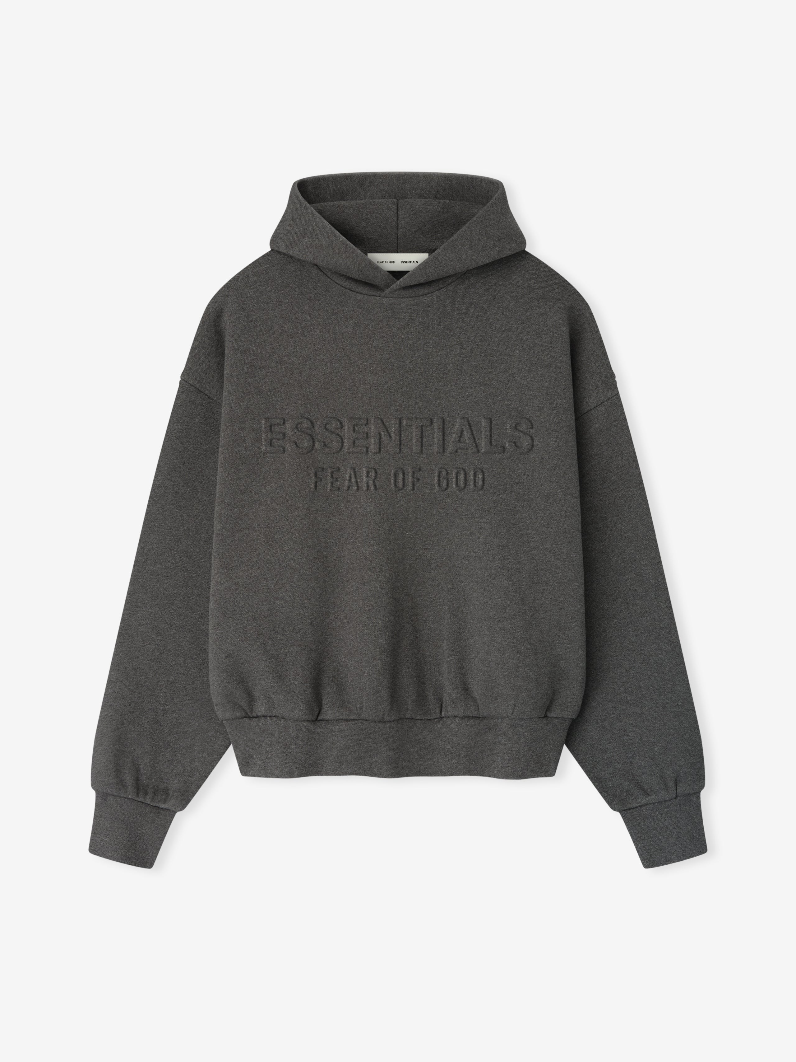 Front view of charcoal heather Embossed Essentials Classic Hoodie with raised ESSENTIALS Fear of God logo on chest, flat lay